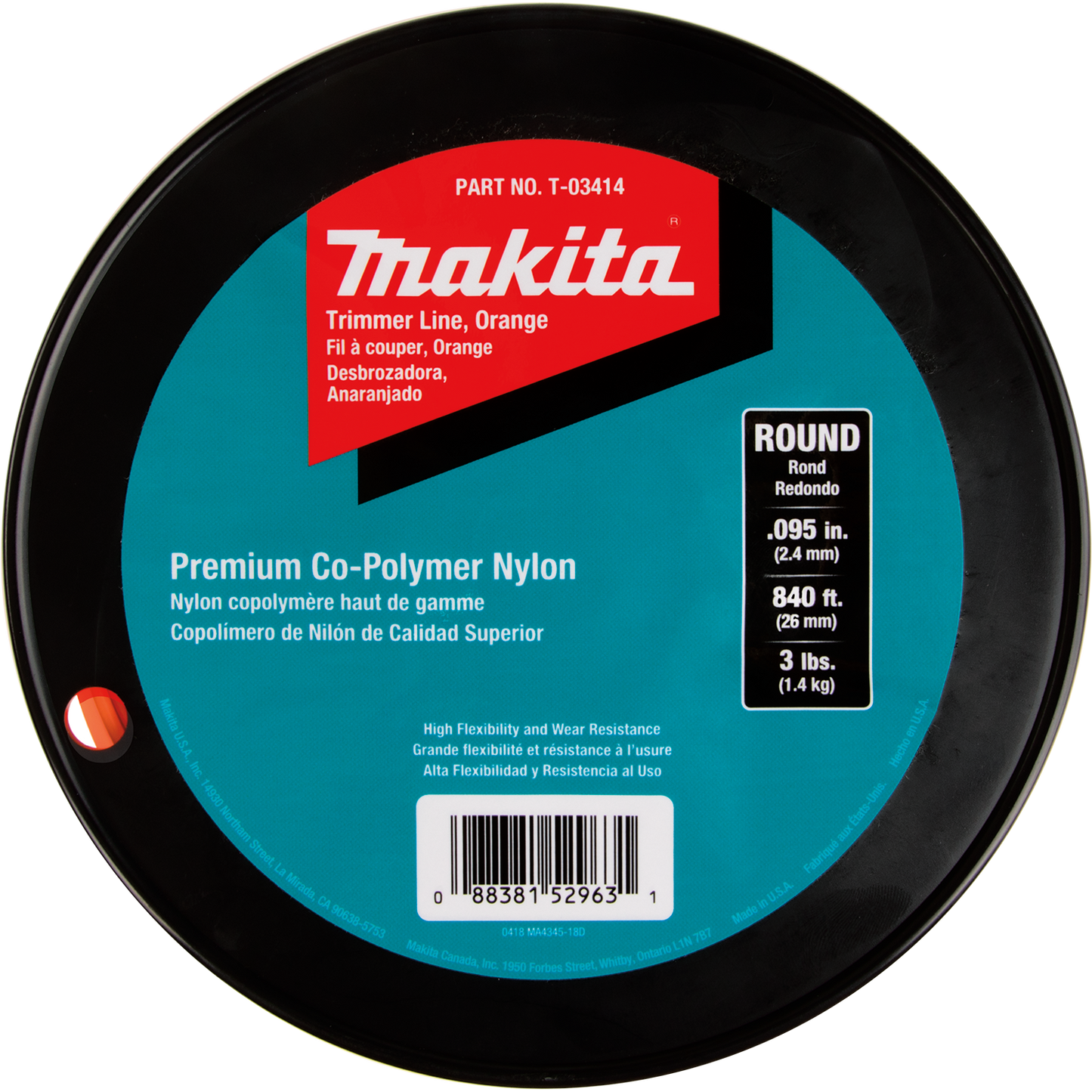 Makita T-03414 Round Trimmer Line, 0.095”, Orange, 840’, 3 lbs.