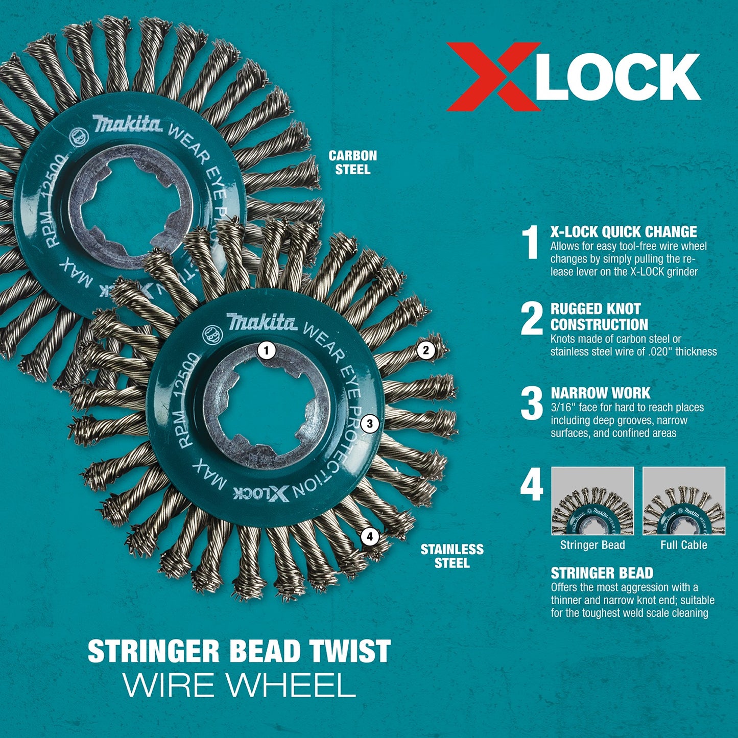 Makita D-72609 X‑LOCK 4‑1/2" Stainless Steel Stringer Bead Twist Wire Wheel