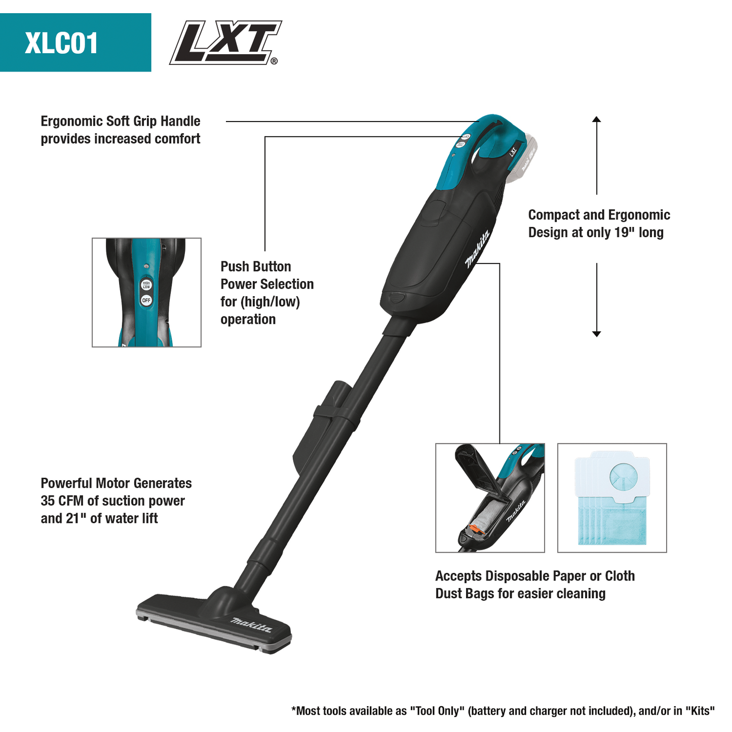 Makita XLC01ZB 18V LXT® Lithium‑ion Cordless Vacuum, Tool Only