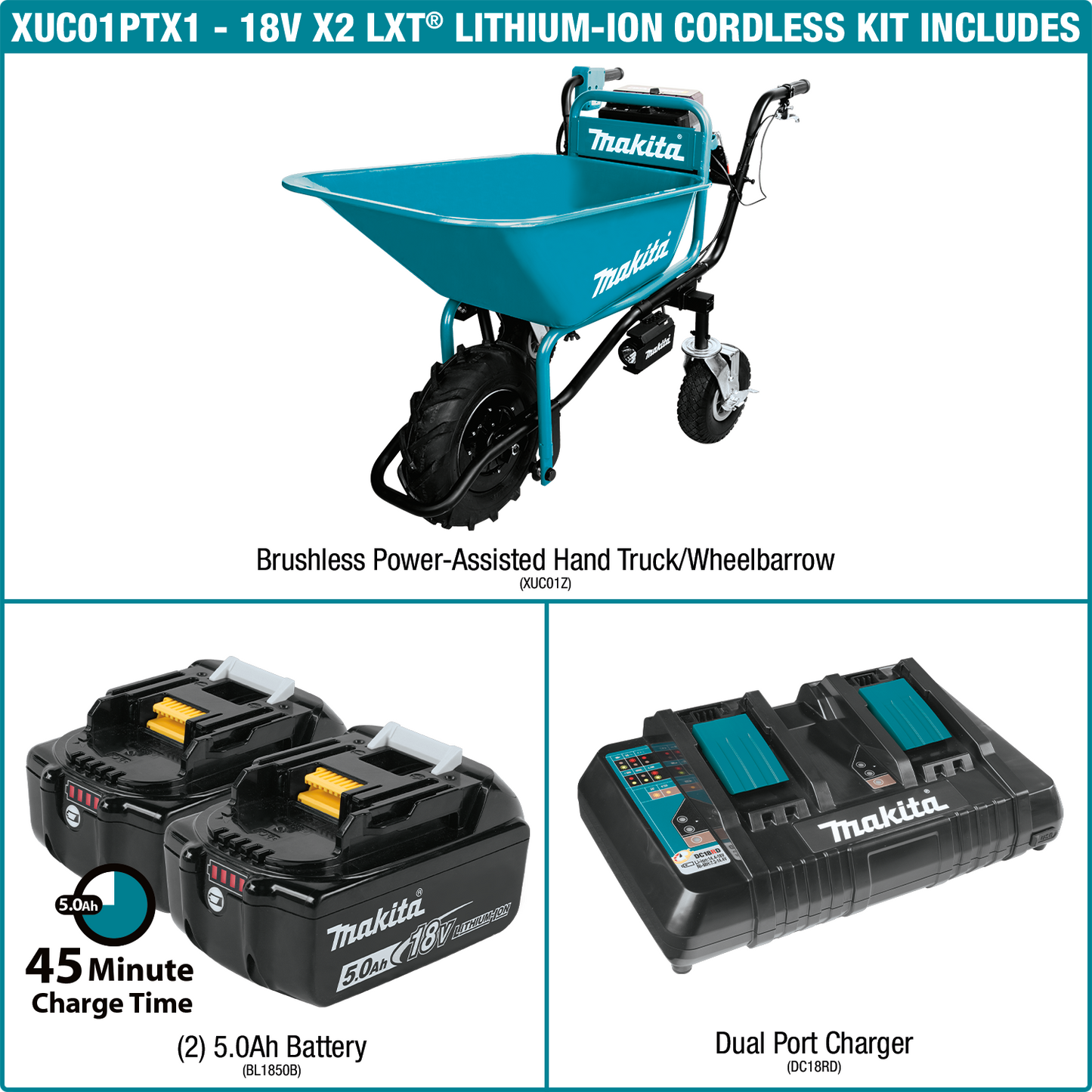 Makita XUC01PTX1 18V X2 LXT® Brushless Cordless Power‑Assisted Wheelbarrow Kit (5.0Ah)