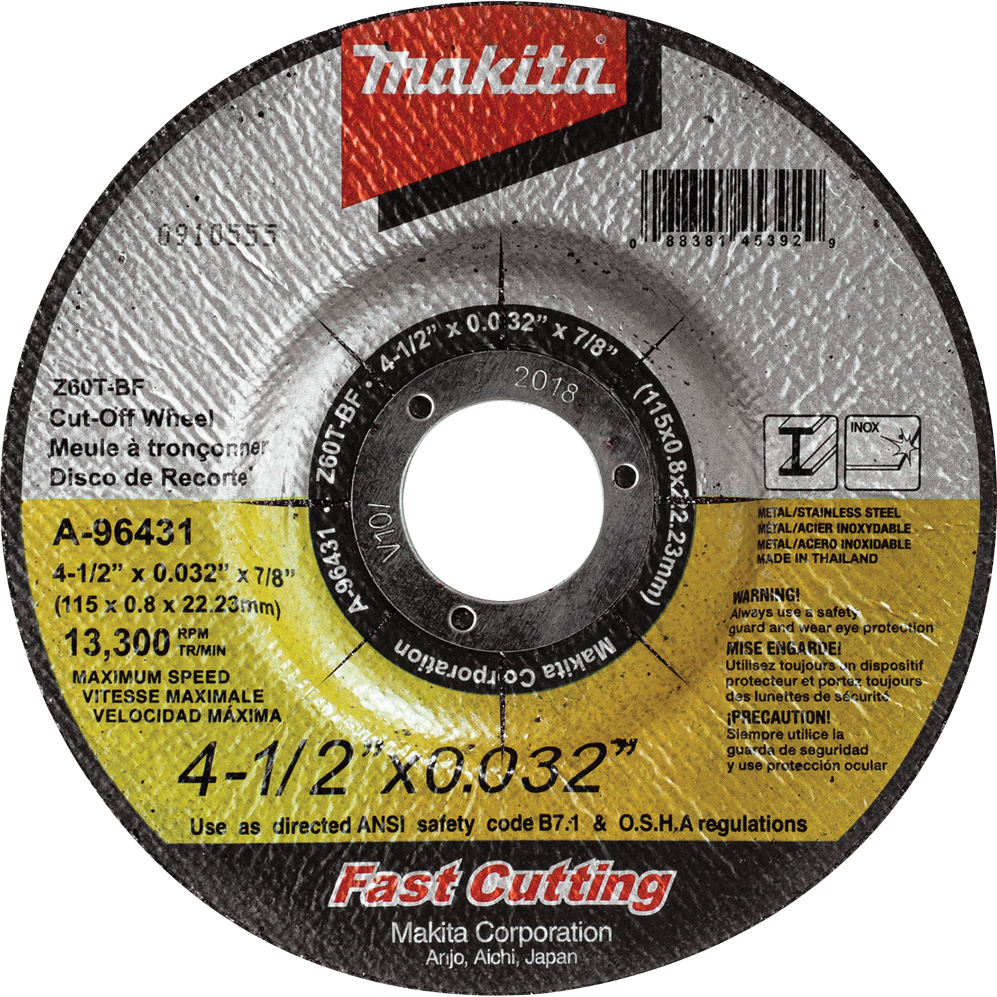 Makita A-96431 4‘1/2" x .032" x 7/8" Depressed Center Ultra Thin Cut‘Off Wheel, Stainless