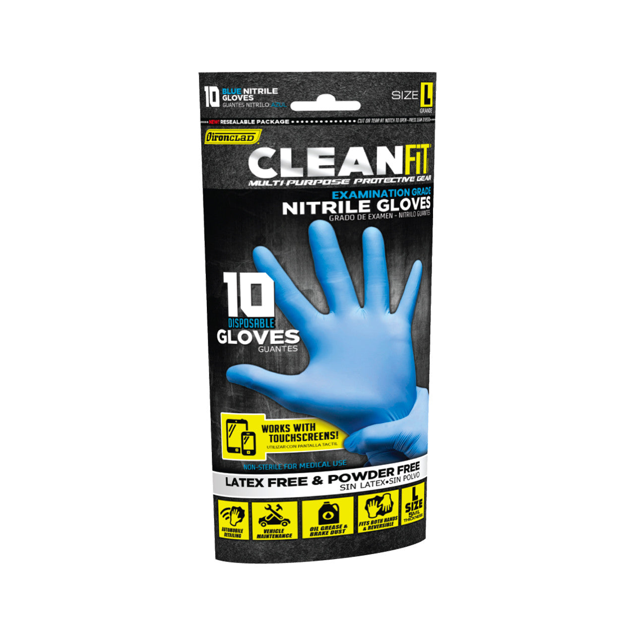 Ironclad M02008 L- (Blue)-5Mil-10 pk, CLEAN-FIT DISPOSABLE NITRILE GLOVES-POWDER-FREE