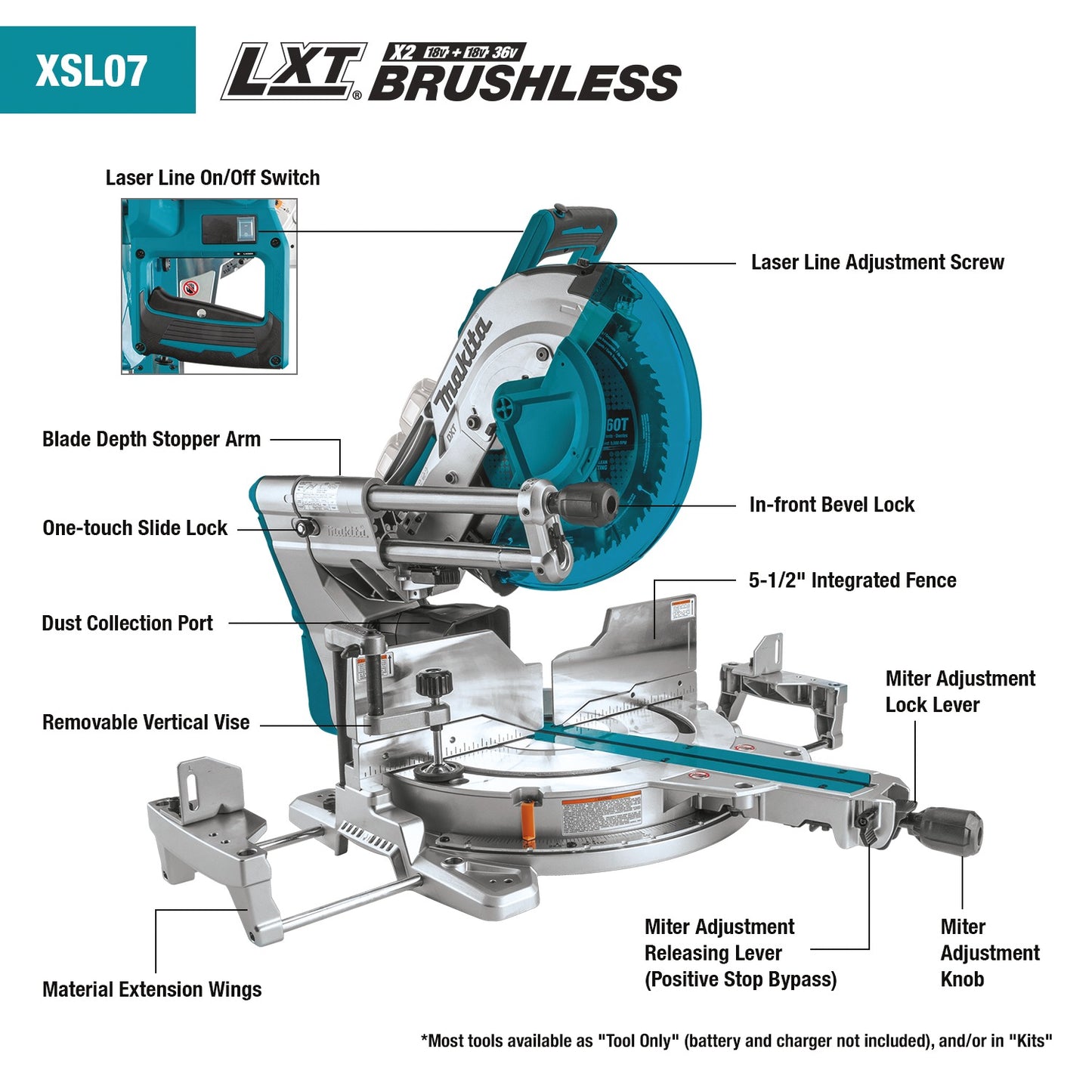 Makita XSL07Z 36V (18V X2) LXT® Brushless 12" Dual‑Bevel Sliding Compound Miter Saw with Laser, Tool Only