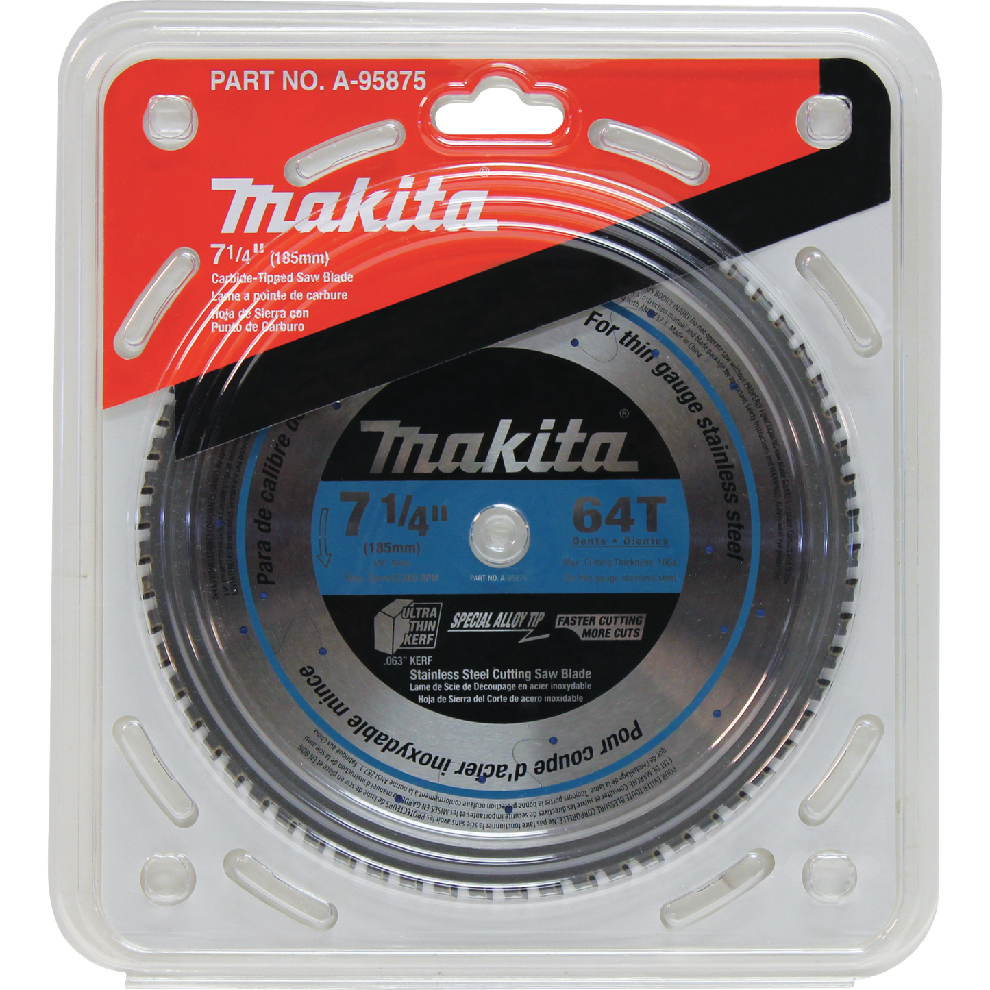 Makita A-95875 7‑1/4" 64T Carbide‑Tipped Saw Blade, Stainless Steel, Thin Gauge