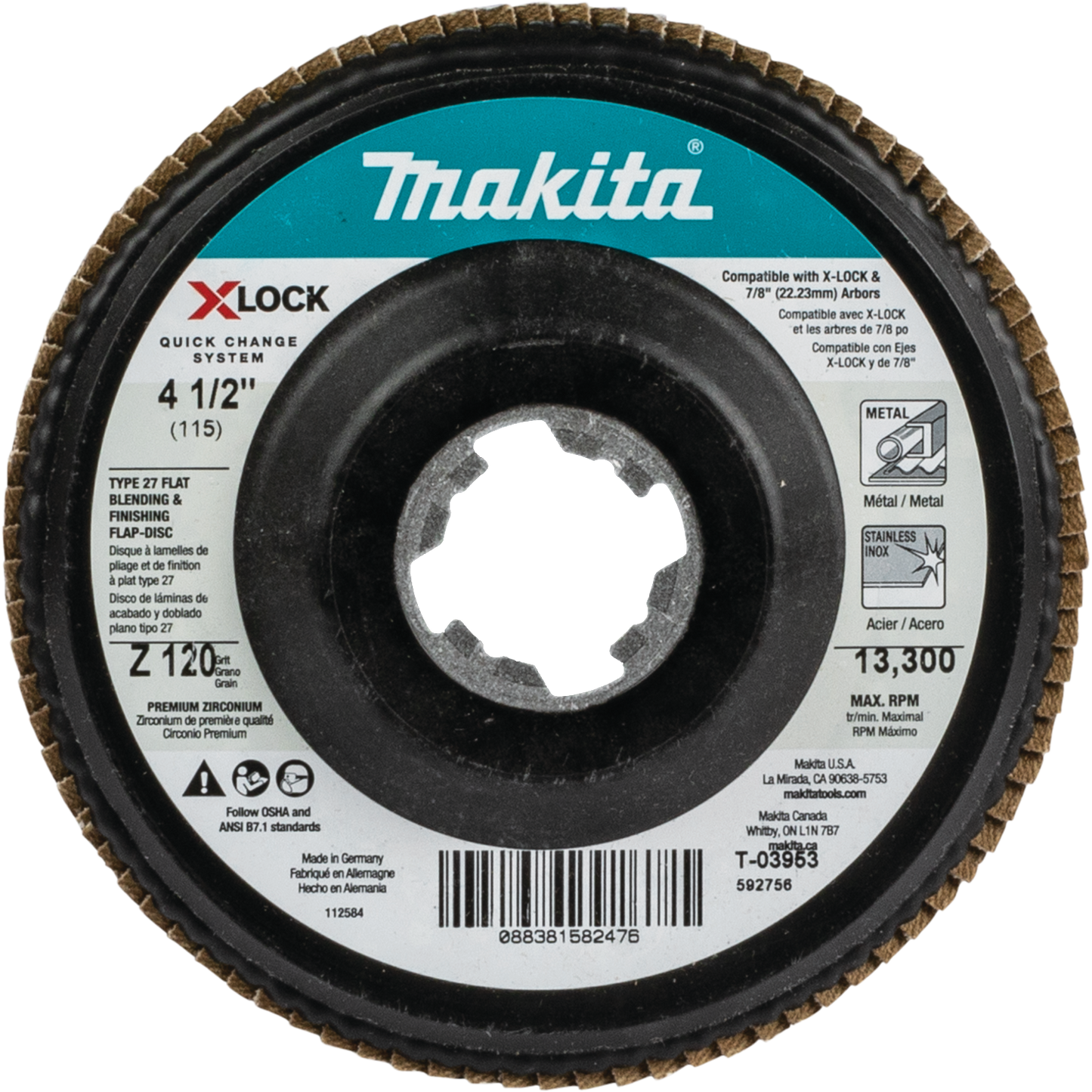 Makita T-03953 X‑LOCK 4‑1/2" 120 Grit Type 27 Flat Blending and Finishing Flap Disc for X‑LOCK and All 7/8" Arbor Grinders