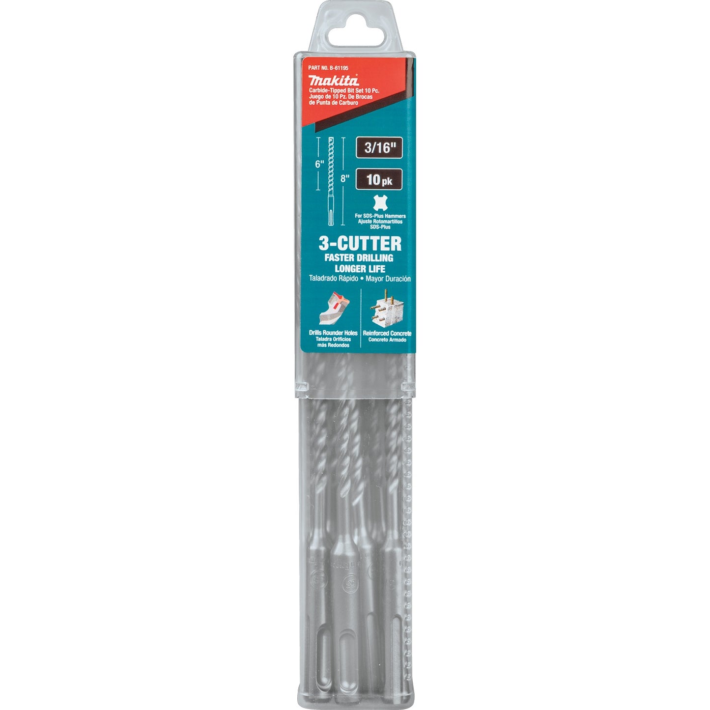 Makita B-61195 3/16" x 8" SDS‑PLUS Bit, 3‑Cutter, 10/pk