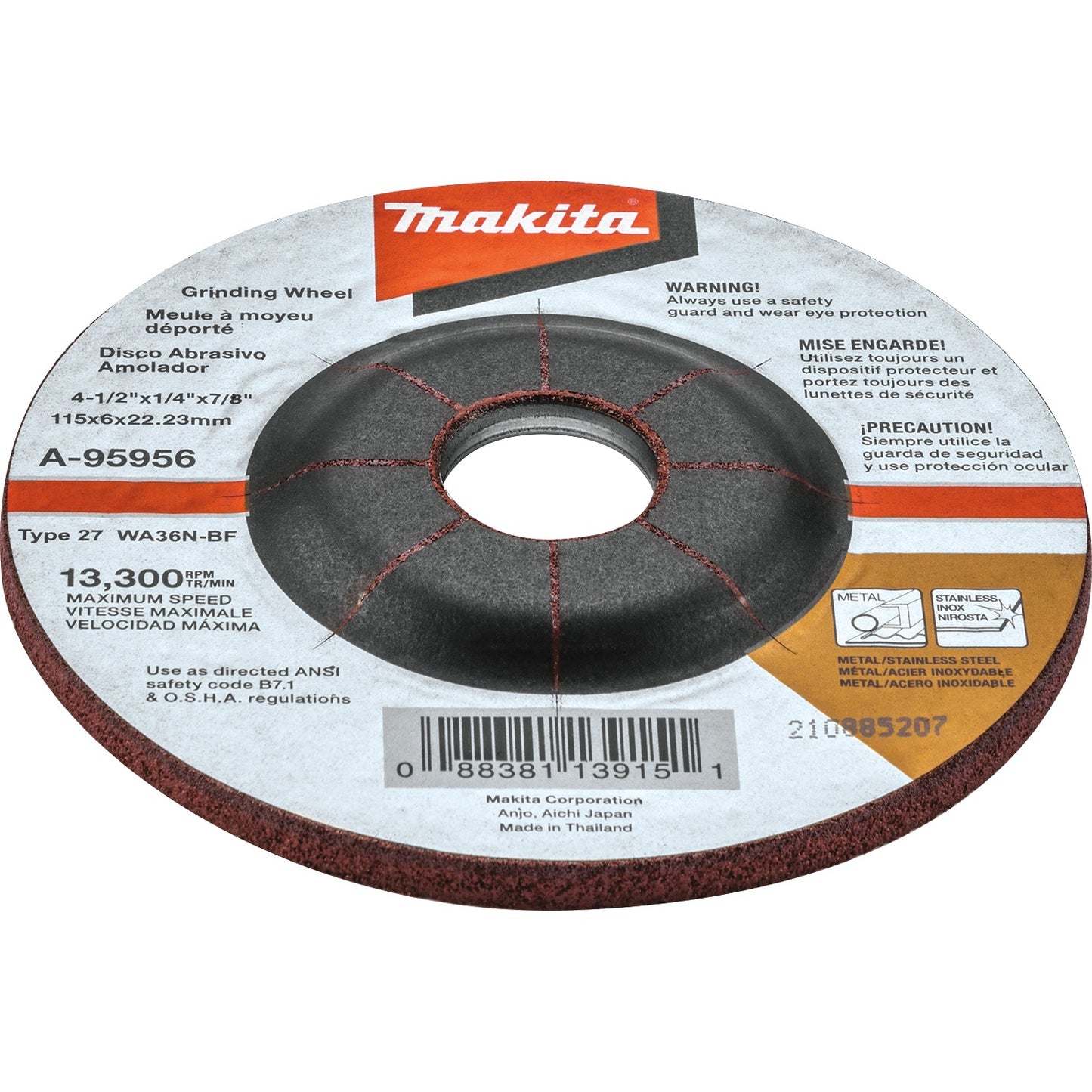 Makita A-95956-25 4‑1/2" x 1/4" x 7/8" INOX Grinding Wheel, 36 Grit, 25/pk