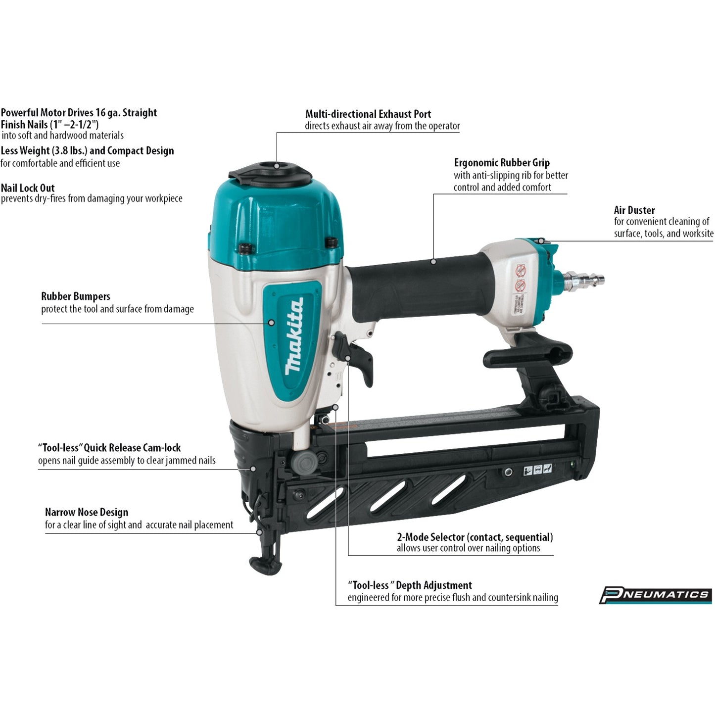 Makita AF601 16 Gauge, 2‑1/2" Straight Finish Nailer