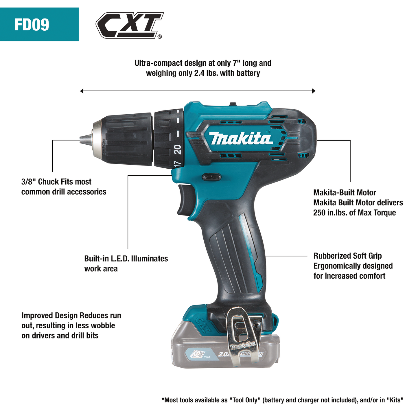 Makita FD09Z 12V max CXT® Lithium‑Ion Cordless 3/8" Driver‑Drill, Tool Only