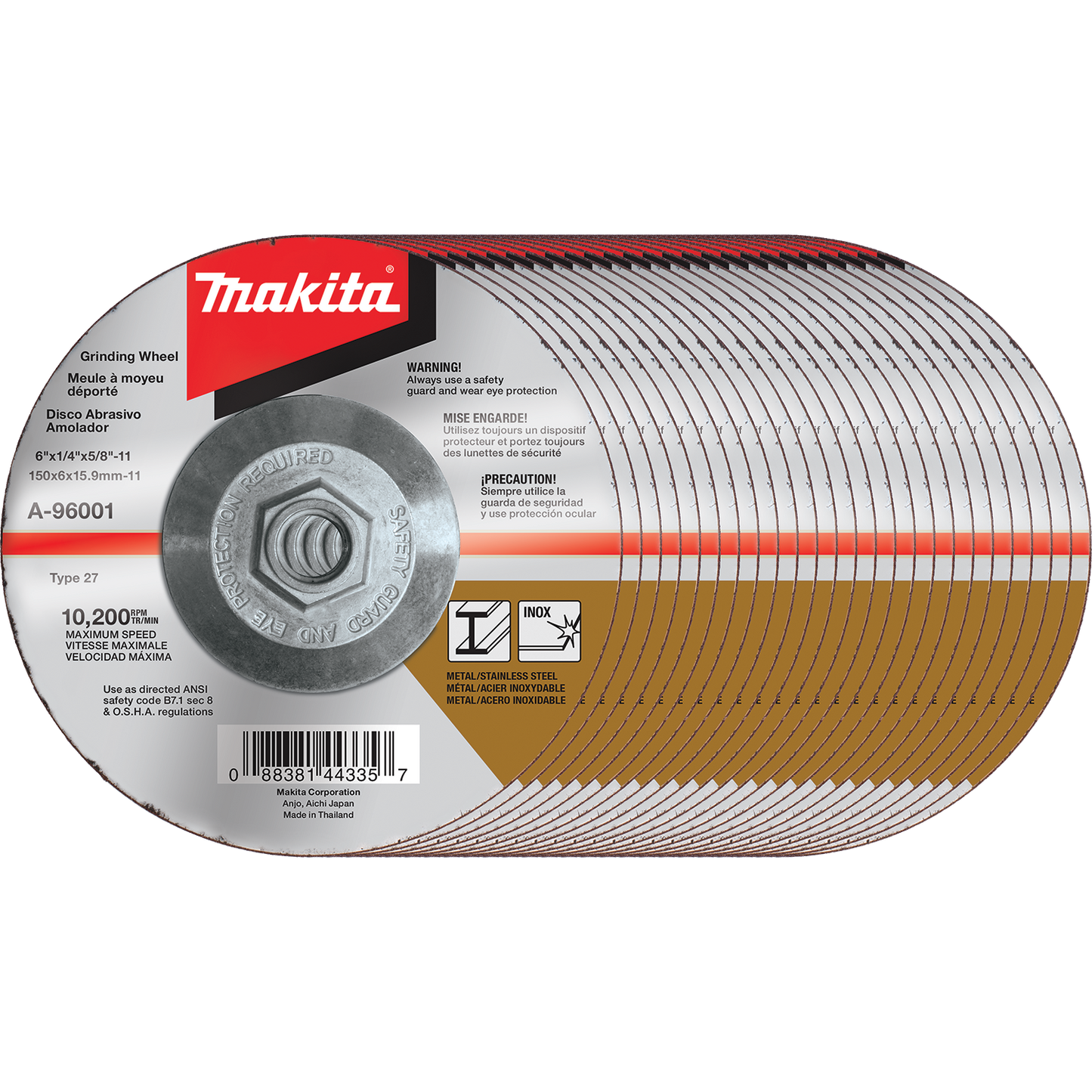 Makita A-96001-25 6" x 1/4" x 5/8‑11" Hubbed INOX Grinding Wheel, 36 Grit, 25/pk