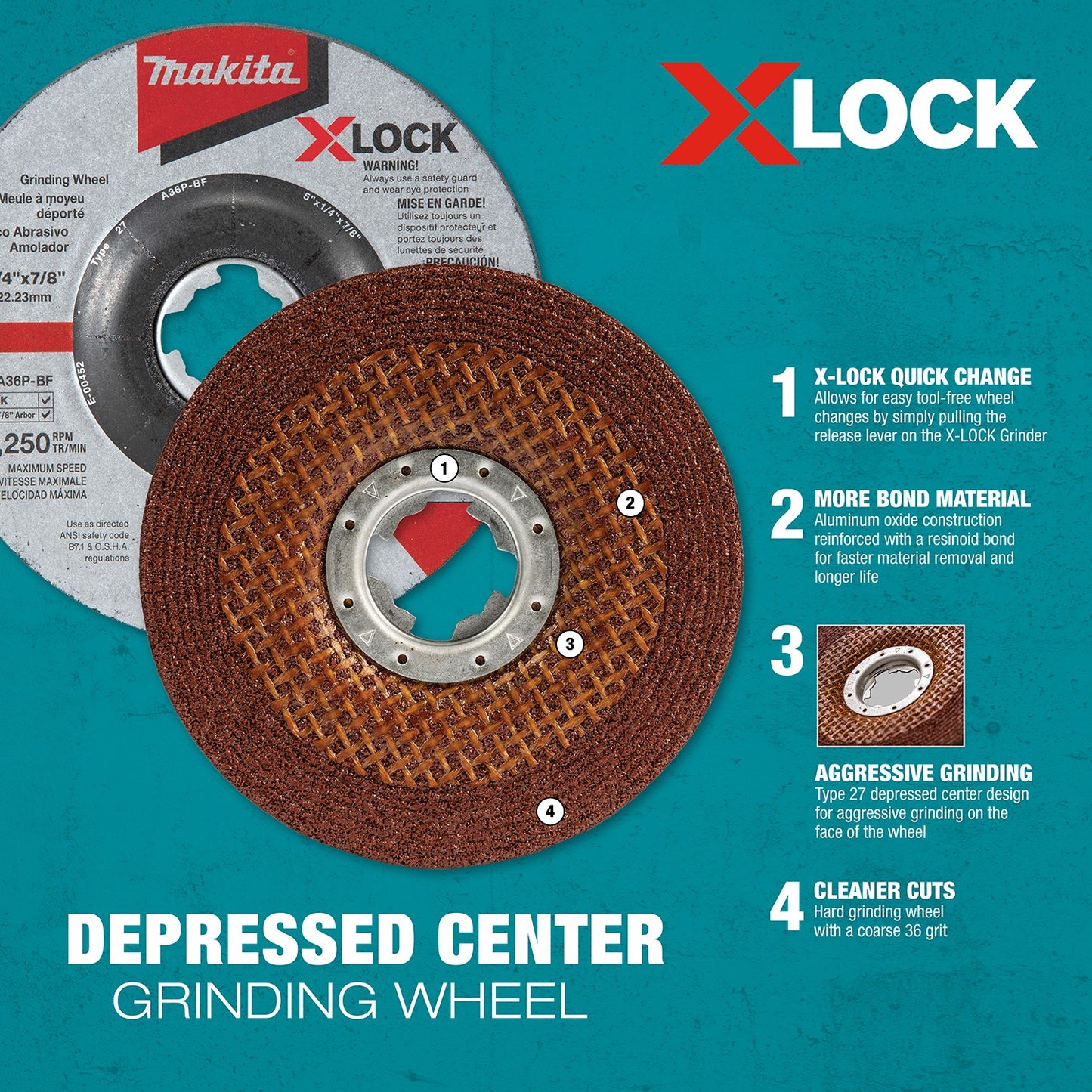 Makita E-00430 X‑LOCK 4‑1/2" x 1/4" x 7/8" Type 27 General Purpose 36 Grit Abrasive Grinding Wheel for Metal & Stainless Steel Grinding