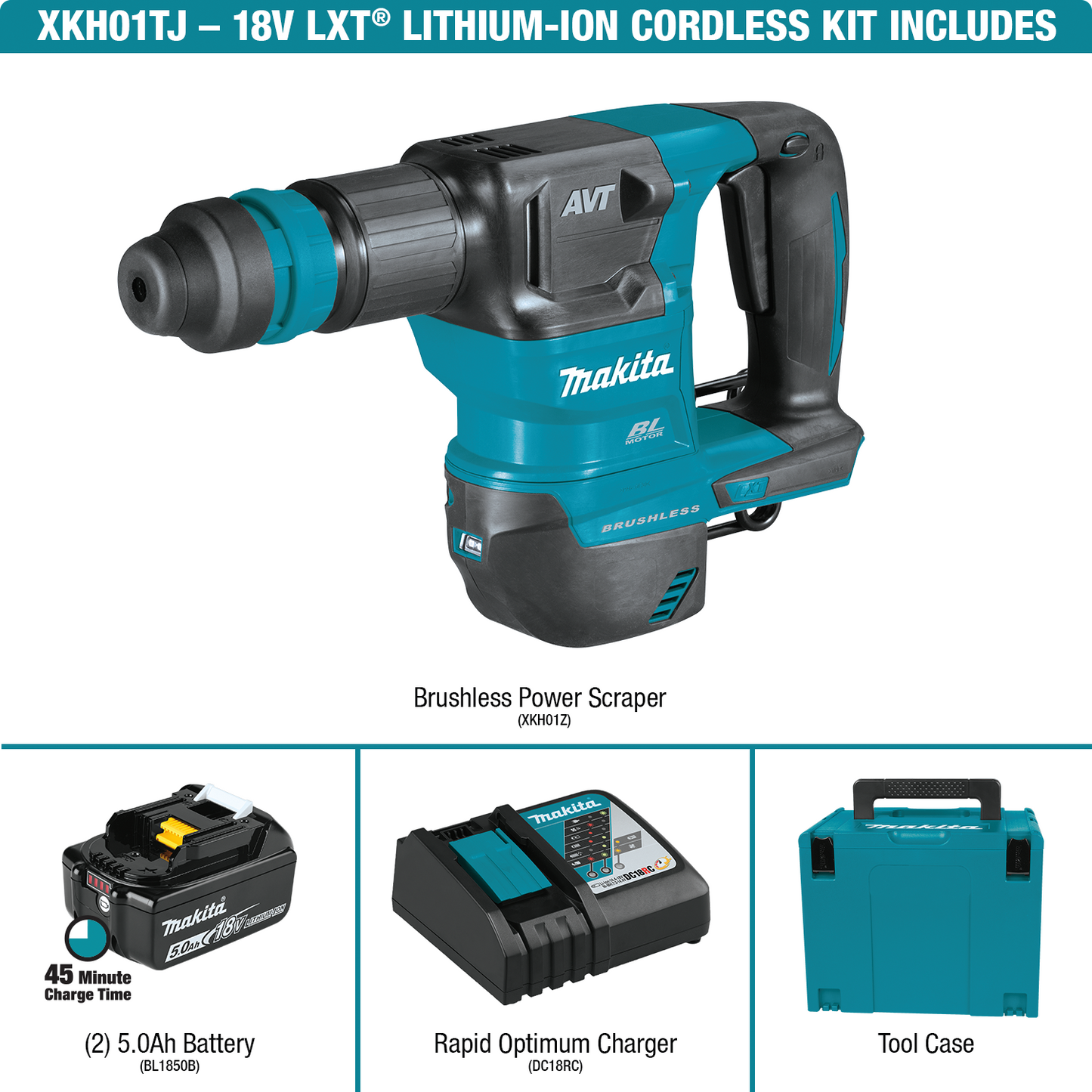 Makita XKH01TJ 18V LXT® Lithium‑Ion Brushless Cordless SDS‑PLUS AVT® Power Scraper Kit (5.0Ah)