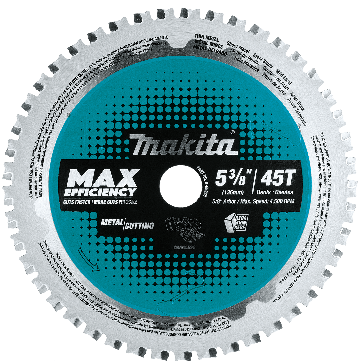 Makita B-69238 5‑3/8" 45T Carbide‑Tipped Max Efficiency Saw Blade, Ferrous Metal‑Thin Gauge