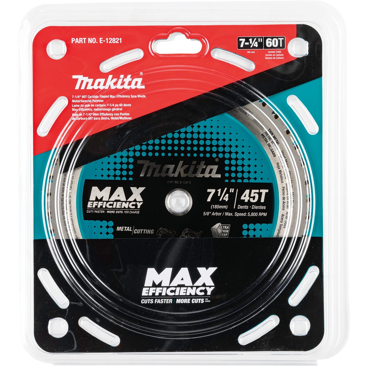 Makita E-12821 7‑1/4" 60T Carbide‑Tipped Max Efficiency Saw Blade, Metal/Stainless Steel