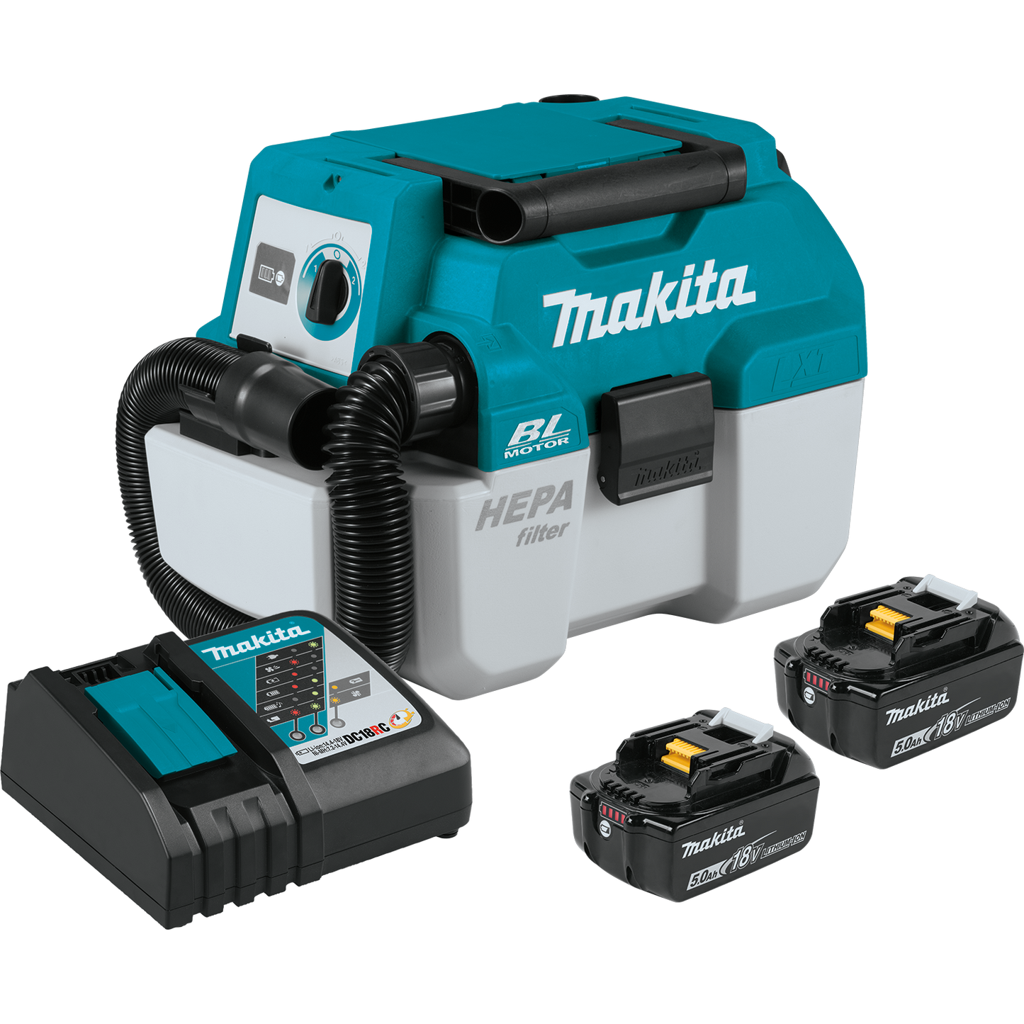 Makita XCV11T 18V LXT® Lithium‑Ion Brushless Cordless 2 Gallon HEPA Filter Portable Wet/Dry Dust Extractor/Vacuum Kit (5.0Ah)
