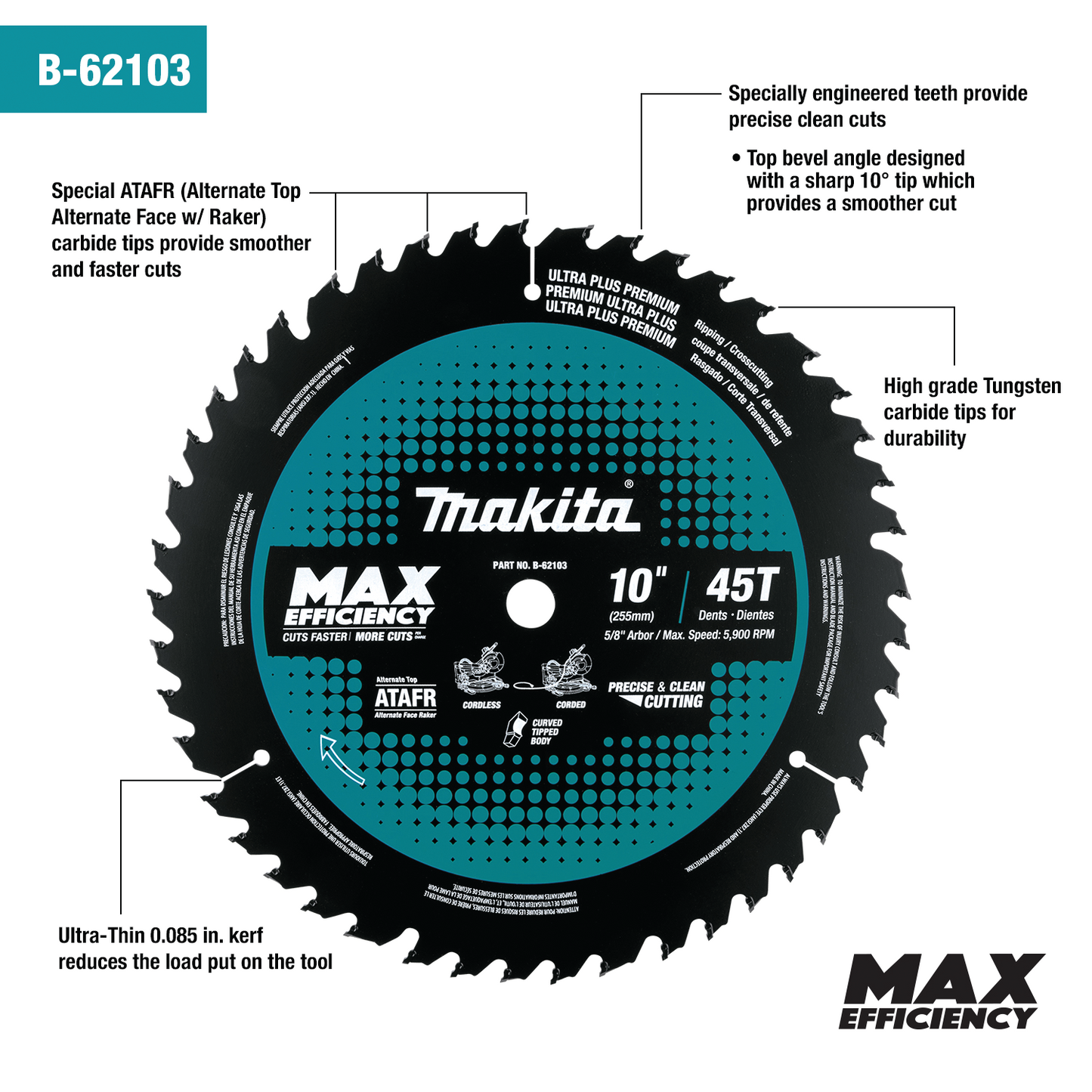 Makita B-62103 10" 45T Carbide‑Tipped Max Efficiency Miter Saw Blade