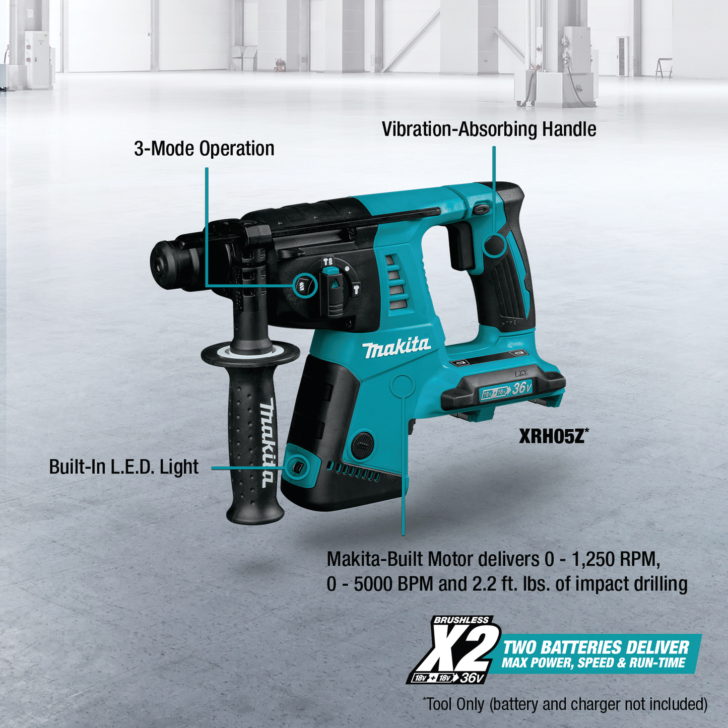 Makita XRH05Z 36V (18V X2) LXT® 1" SDS‑PLUS Rotary Hammer, Tool Only