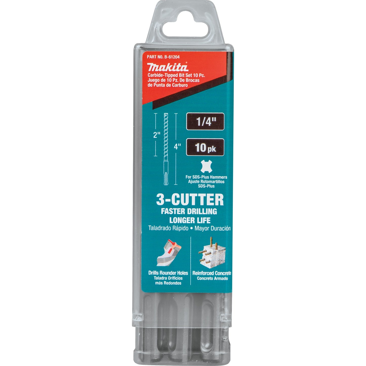 Makita B-61204 1/4" x 4" SDS‑PLUS Bit, 3‑Cutter, 10/pk