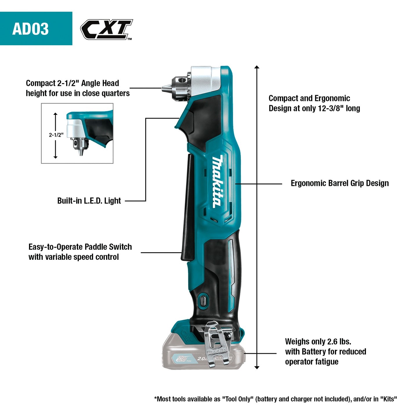 Makita AD03Z 12V max CXT® Lithium‑Ion Cordless 3/8" Right Angle Drill, Tool Only