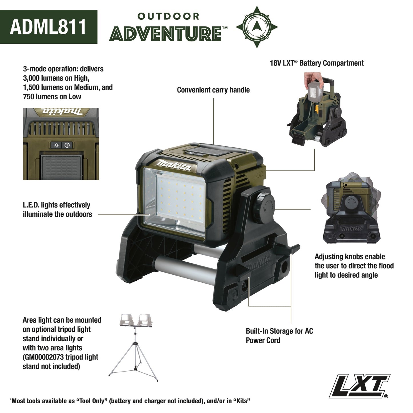 Makita ADML811 Outdoor Adventure™ 18V LXT® Cordless/Corded L.E.D. Area Light, Light Only