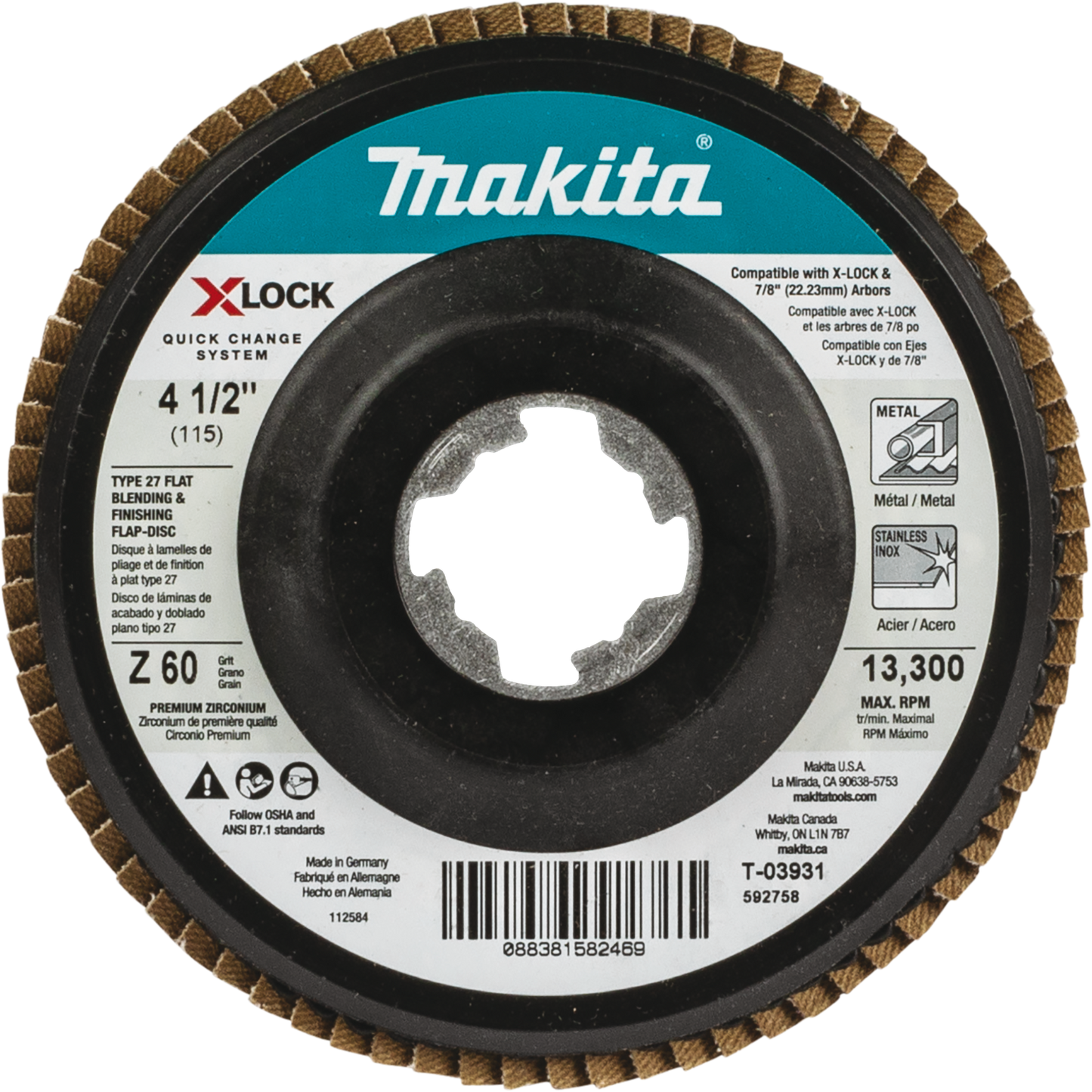 Makita T-03931 X‑LOCK 4‑1/2" 60 Grit Type 27 Flat Blending and Finishing Flap Disc for X‑LOCK and All 7/8" Arbor Grinders
