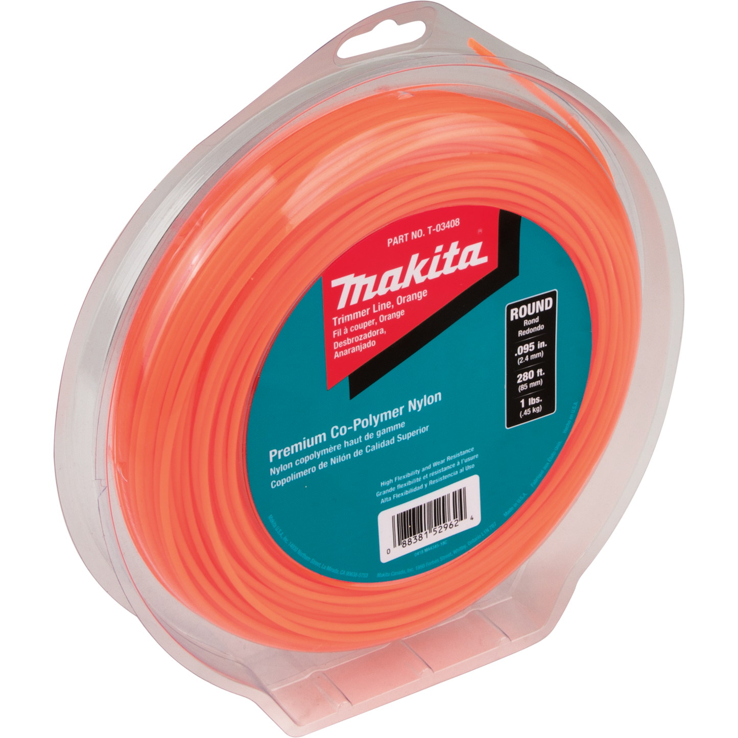 Makita T-03408 Round Trimmer Line, 0.095”, Orange, 280’, 1 lbs.