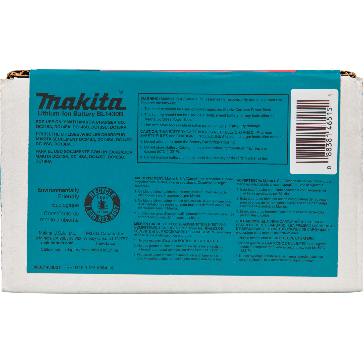 Makita BL1430B 14.4V Lithium‑Ion 3.0Ah Battery