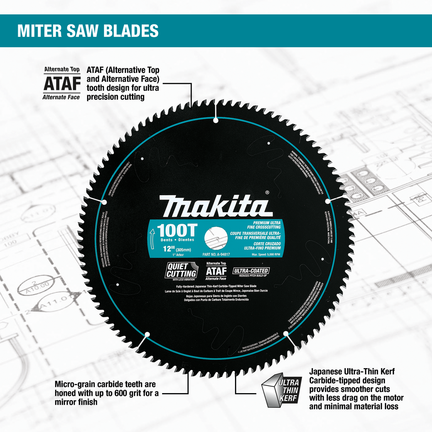 Makita A-94786 12" 40T Ultra‑Coated Miter Saw Blade