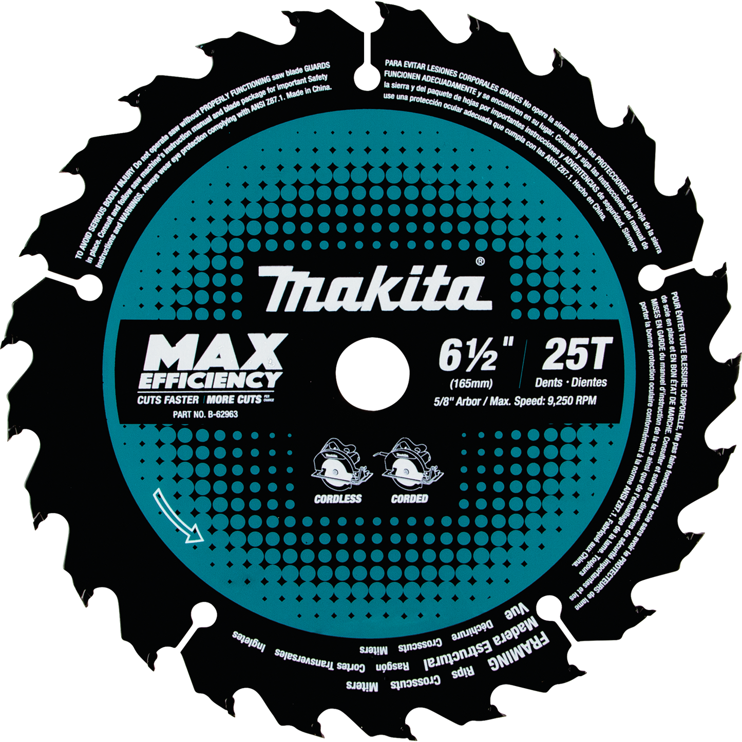 Makita B-62963 6‑1/2" 25T Carbide‑Tipped Max Efficiency Circular Saw Blade, Framing