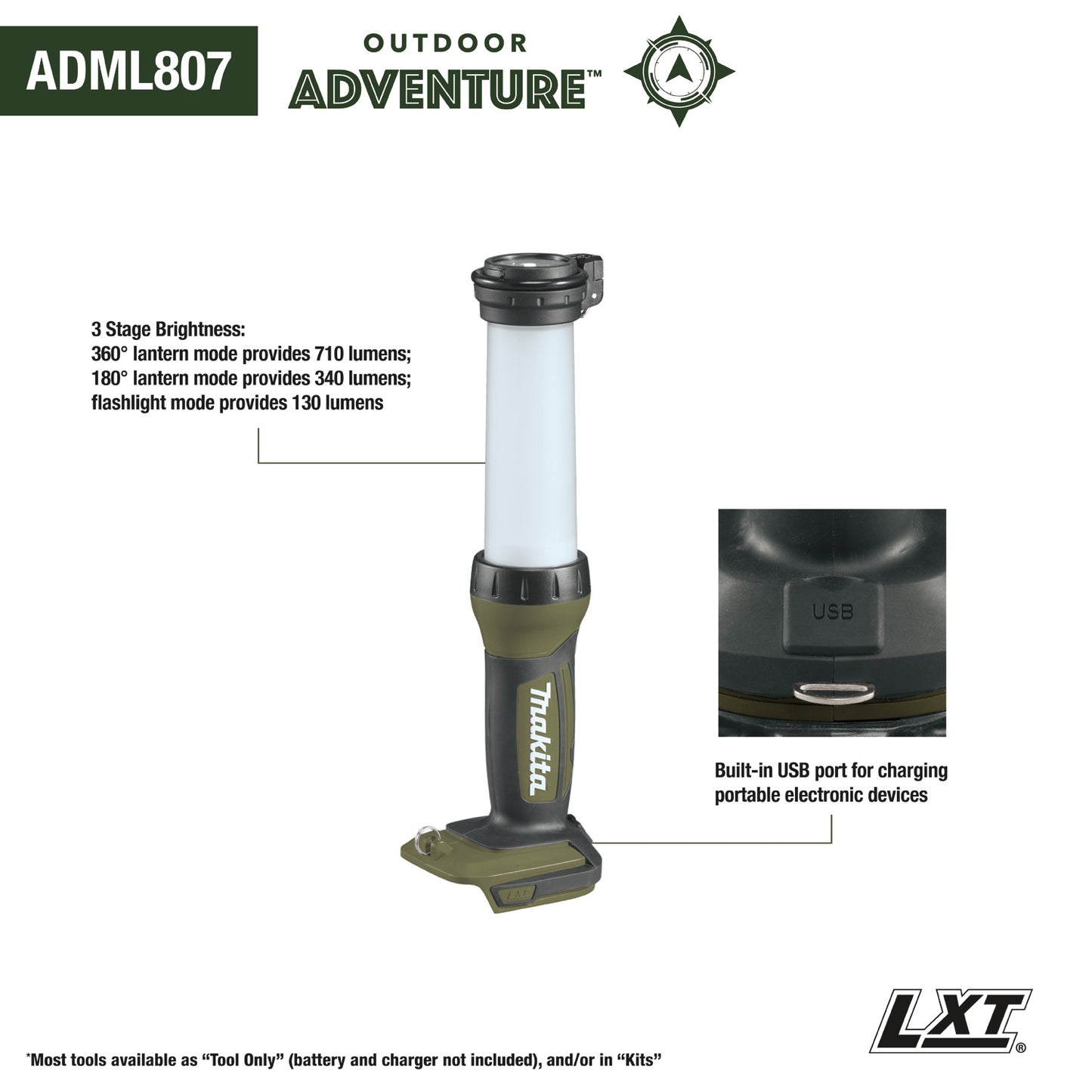 Makita ADML807 Outdoor Adventure™ 18V LXT® L.E.D. Lantern/Flashlight, Flashlight Only