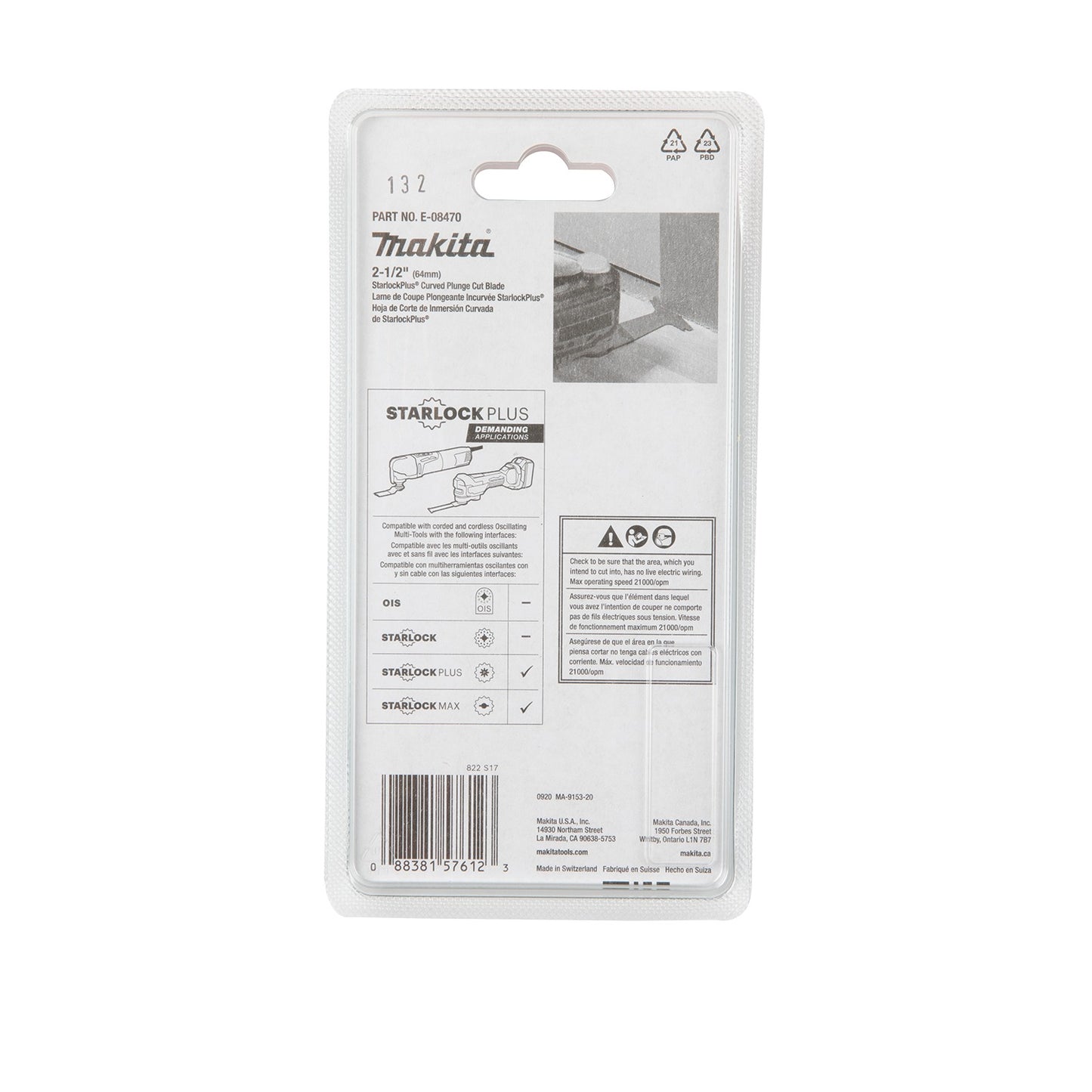 Makita E-08470 StarlockPlus® Oscillating Multi‑Tool 2‑1/2" Bi‑Metal Curved Plunge Cut Blade