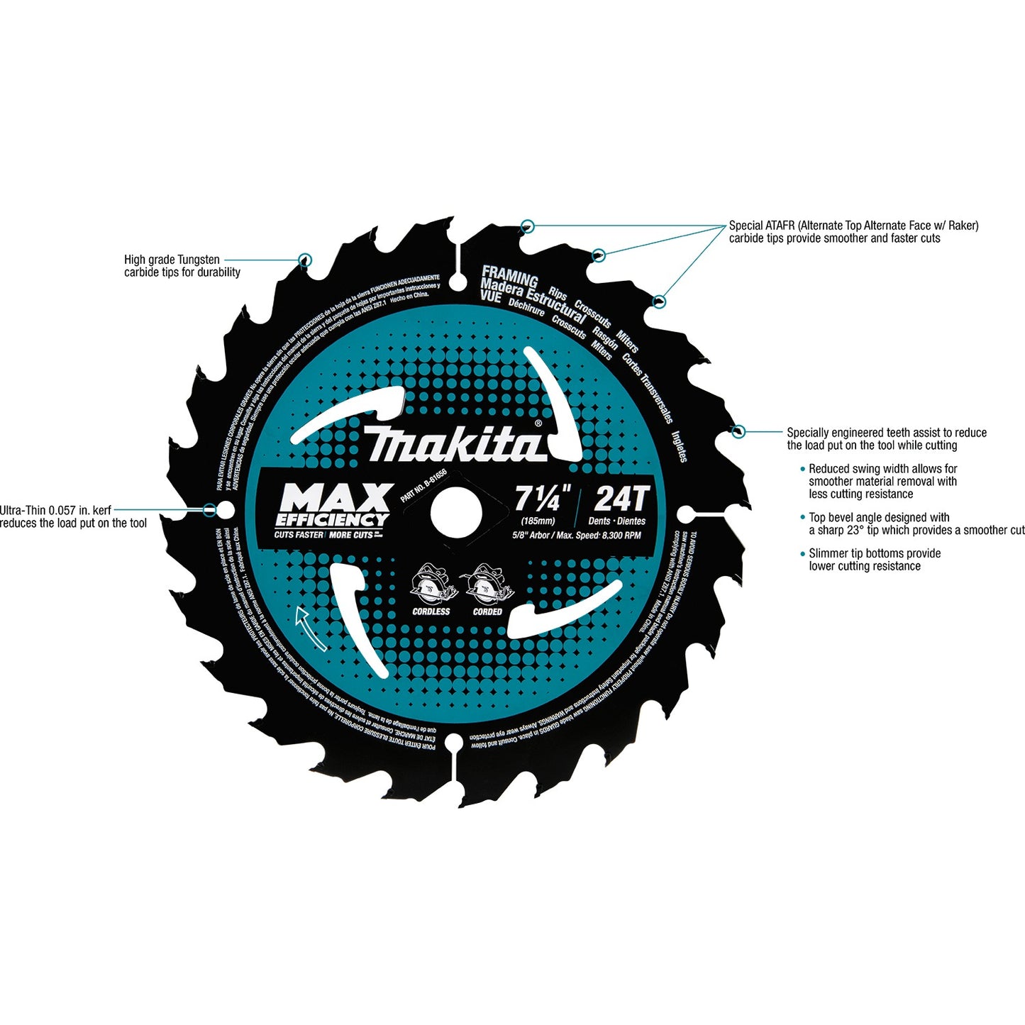 Makita B-61656-3 7‑1/4" 24T Carbide‑Tipped Max Efficiency Circular Saw Blade, Framing, 3/pk