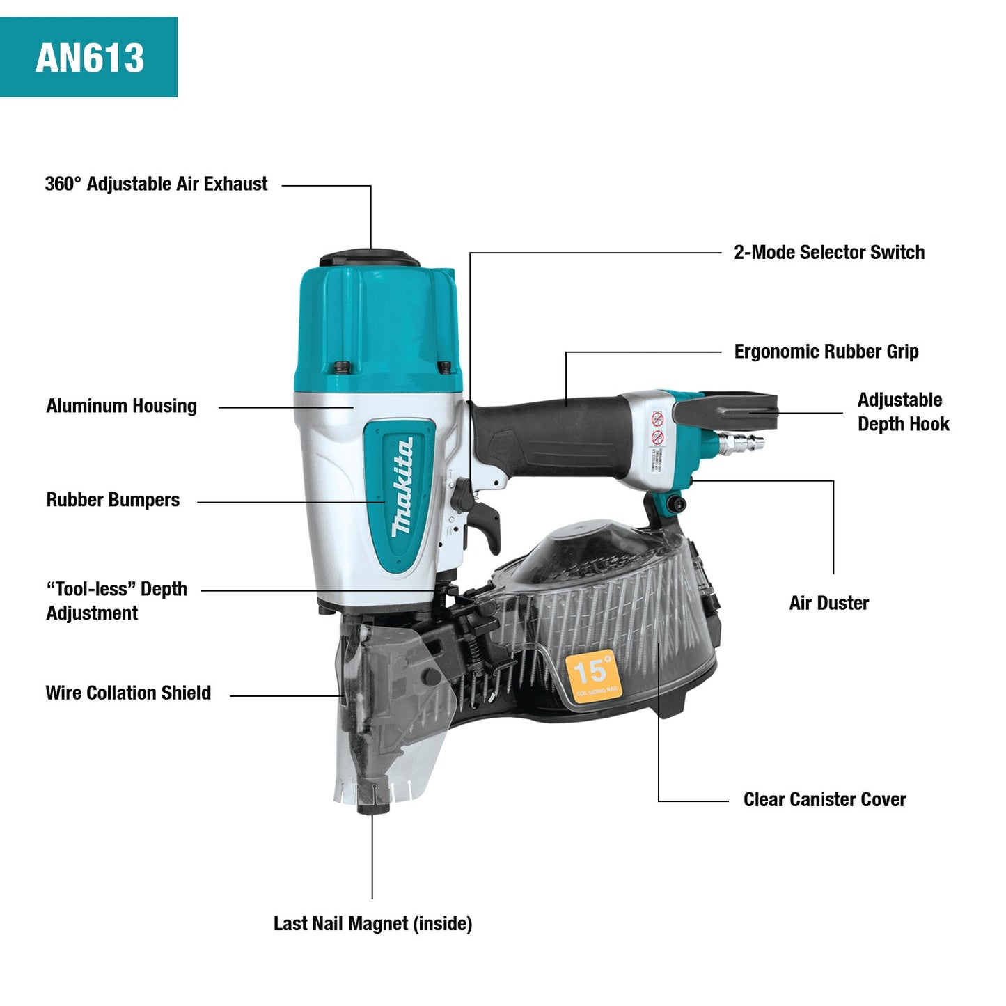 Makita AN613 15° 2‑1/2" Siding Coil Nailer