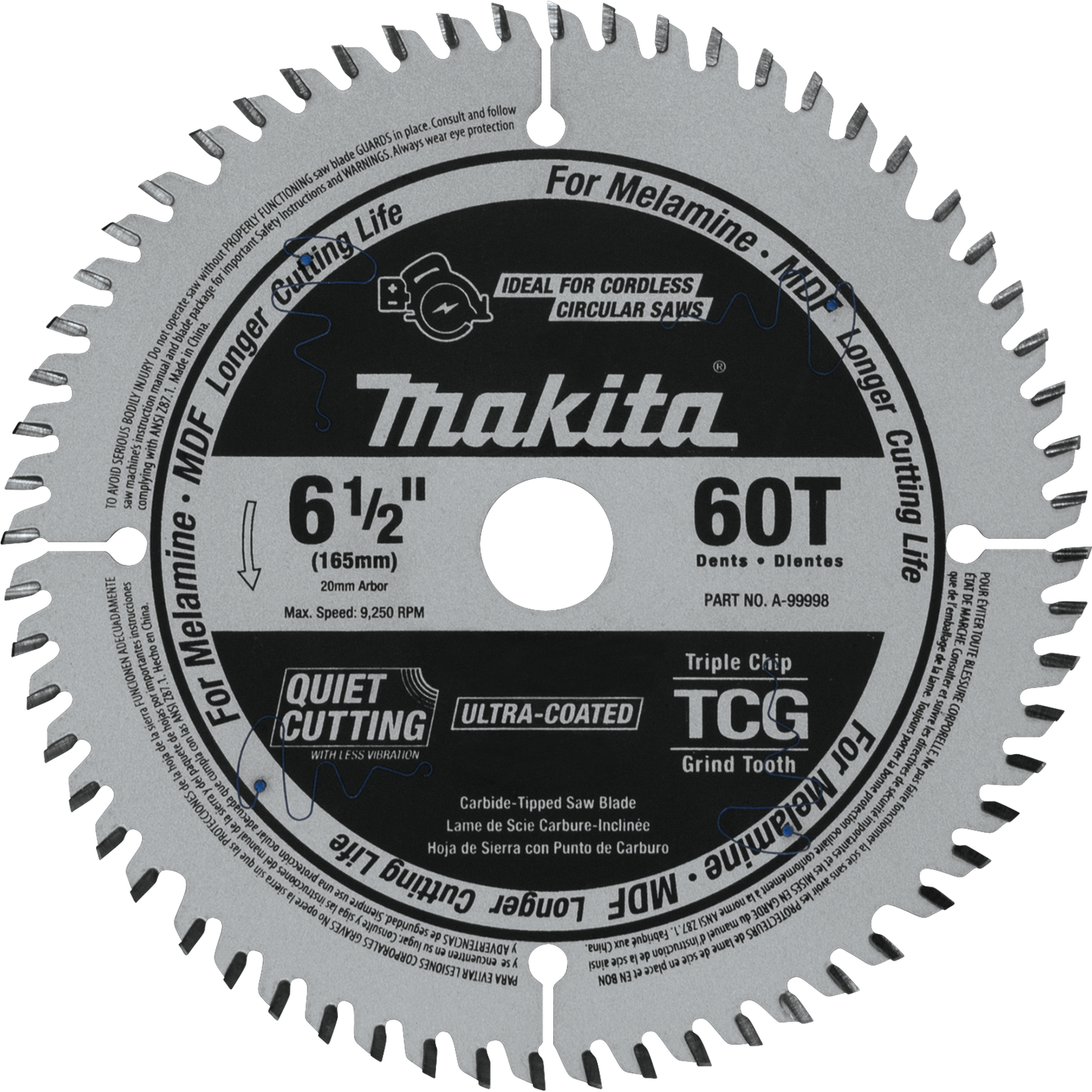 Makita A-99998 6‑1/2" 60T (TCG) Carbide‑Tipped Cordless Plunge Saw Blade