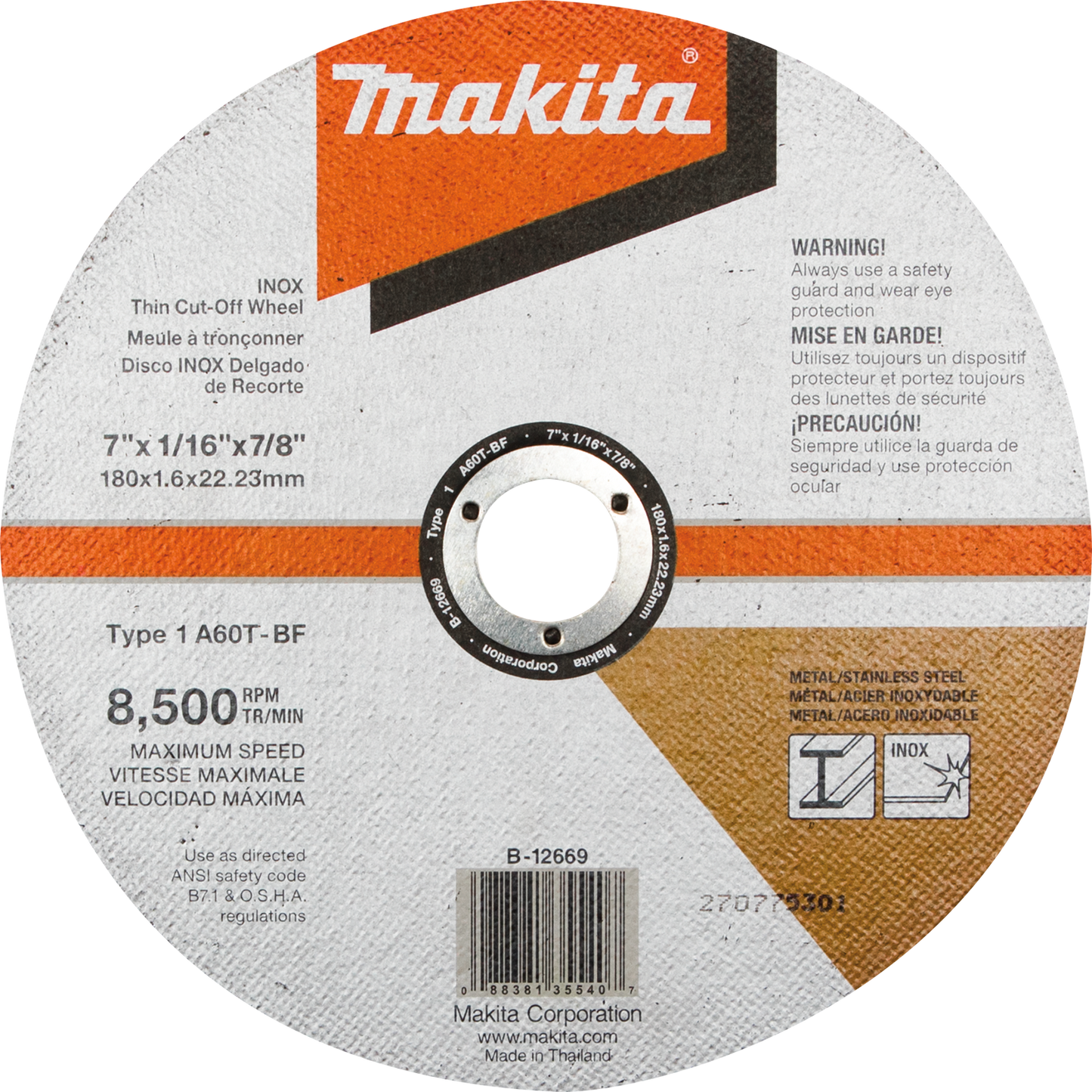 Makita B-12669 7" x 1/16" x 7/8" INOX Thin Cut‑Off Wheel, 60 Grit