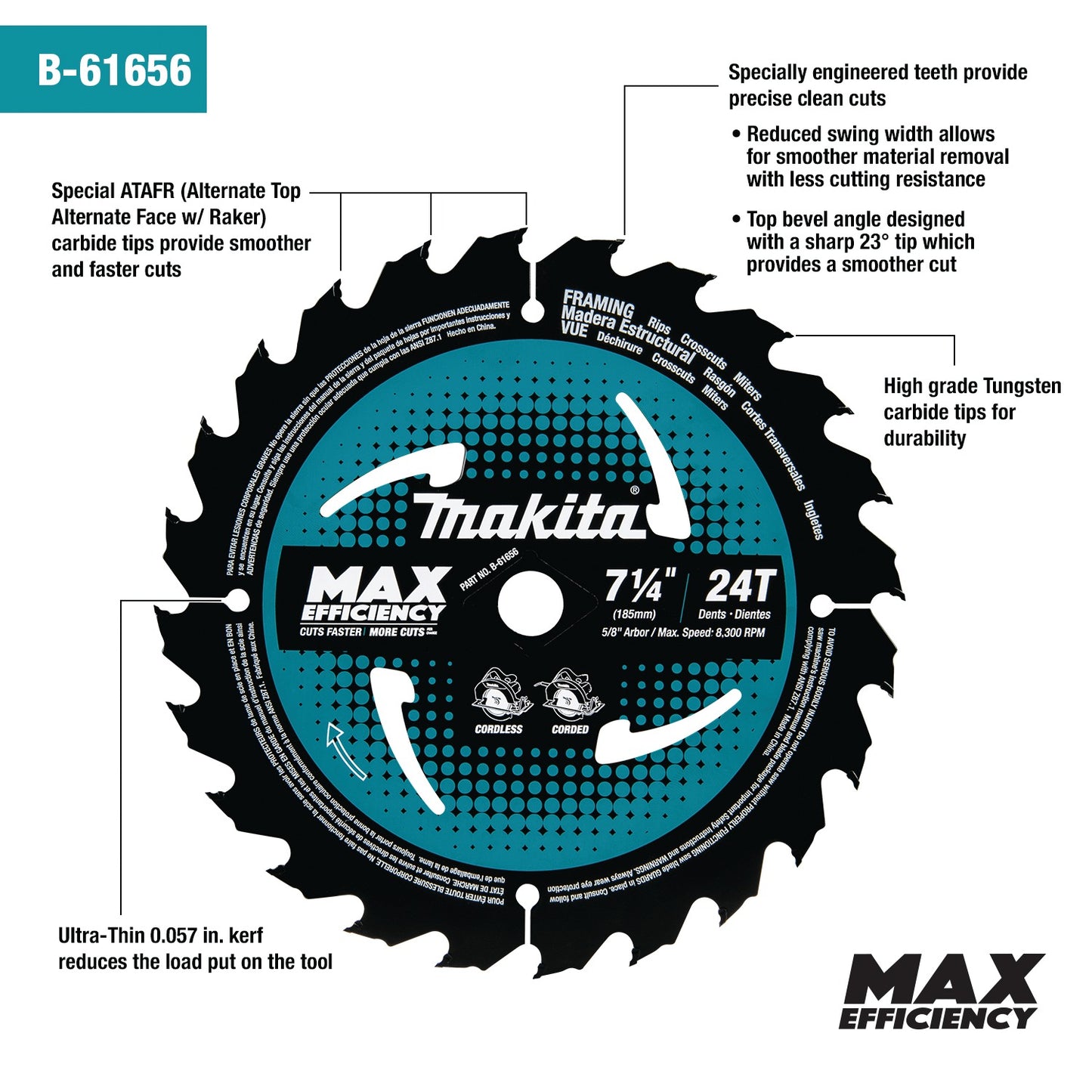 Makita B-61656-3 7‑1/4" 24T Carbide‑Tipped Max Efficiency Circular Saw Blade, Framing, 3/pk