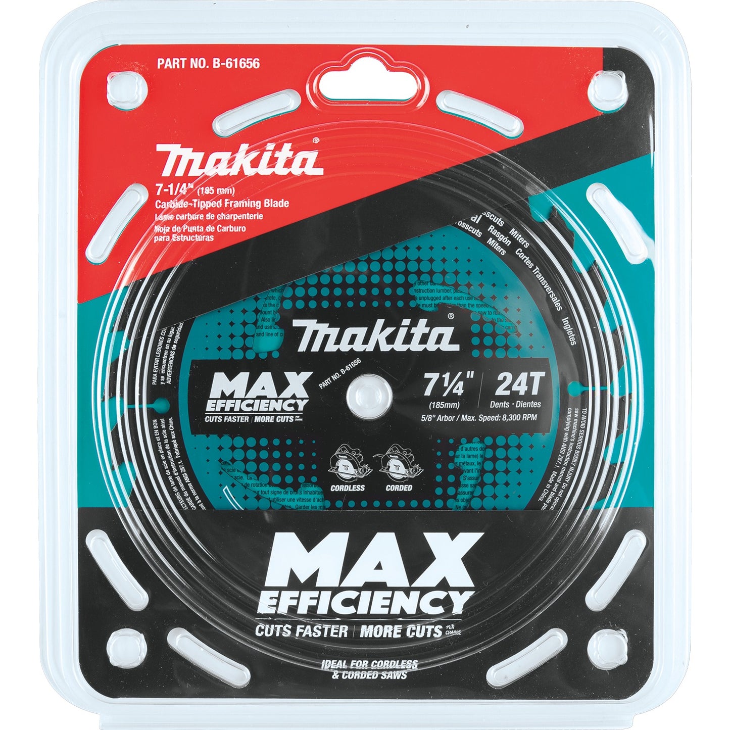 Makita B-61656-3 7‑1/4" 24T Carbide‑Tipped Max Efficiency Circular Saw Blade, Framing, 3/pk