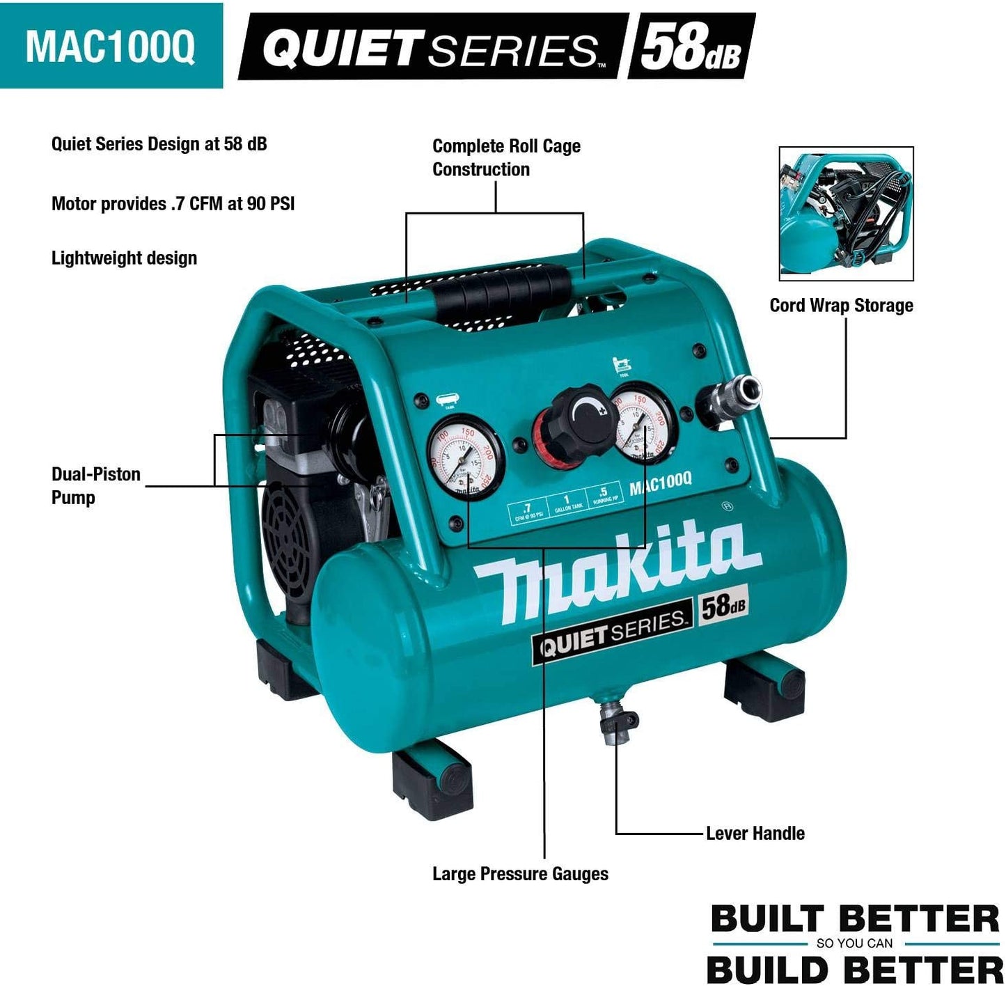 Makita MAC100QK1 Quiet Series 1/2 HP, 1 Gallon Compact, Oil‑Free, Electric Air Compressor, and 18 Gauge Brad Nailer Combo Kit