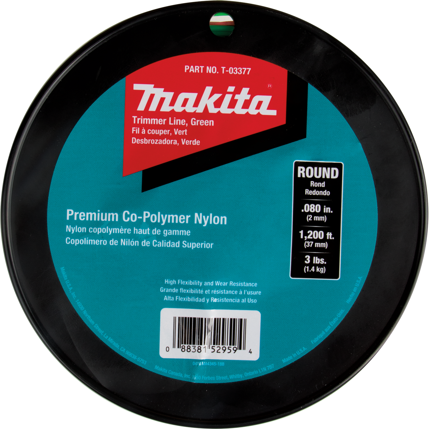 Makita T-03377 Round Trimmer Line, 0.080”, Green, 1,200’, 3 lbs.
