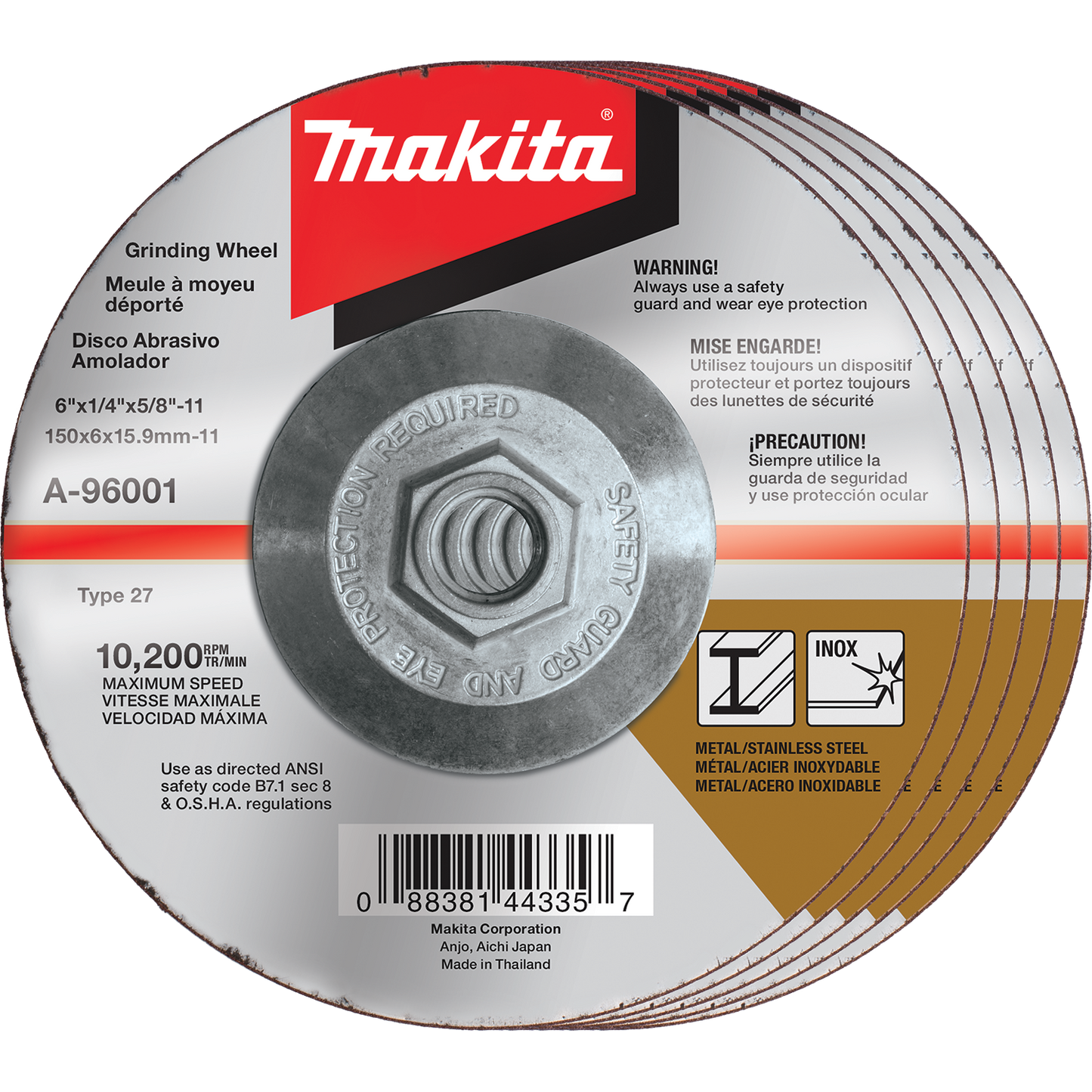 Makita A-96001-5 6" x 1/4" x 5/8‑11" Hubbed INOX Grinding Wheel, 36 Grit, 5/pk