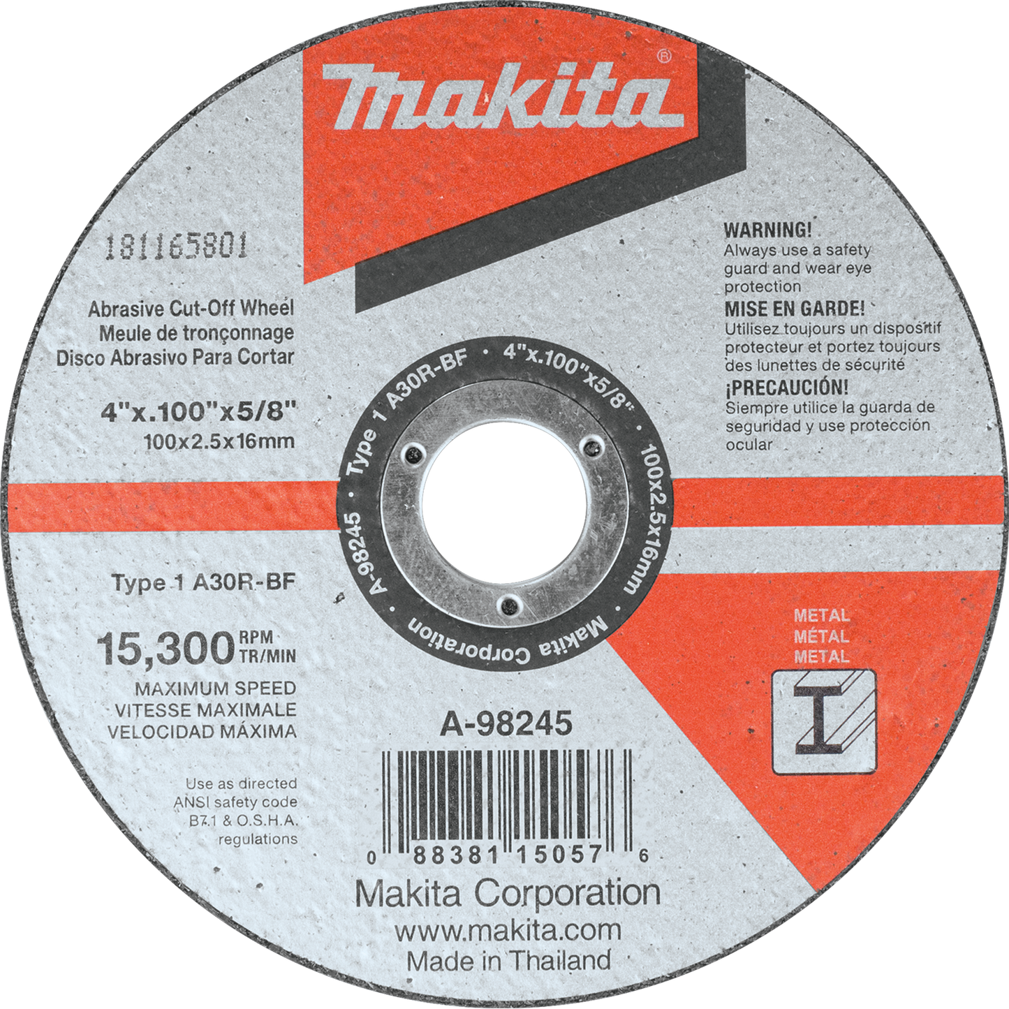 Makita A-98245 4" x 3/32" x 5/8" Cut‑off Wheel, Metal
