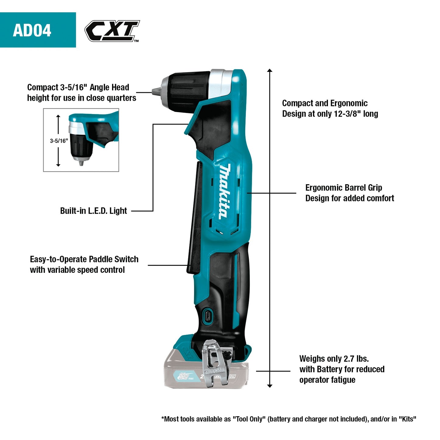Makita AD04Z 12V max CXT® Lithium‑Ion Cordless 3/8" Right Angle Drill, Tool Only