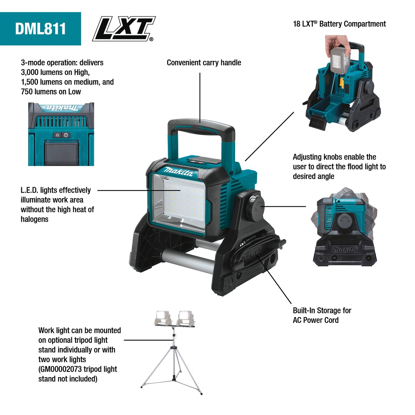 Makita DML811 18V LXT® Lithium‑Ion Cordless/Corded Work Light, Light Only