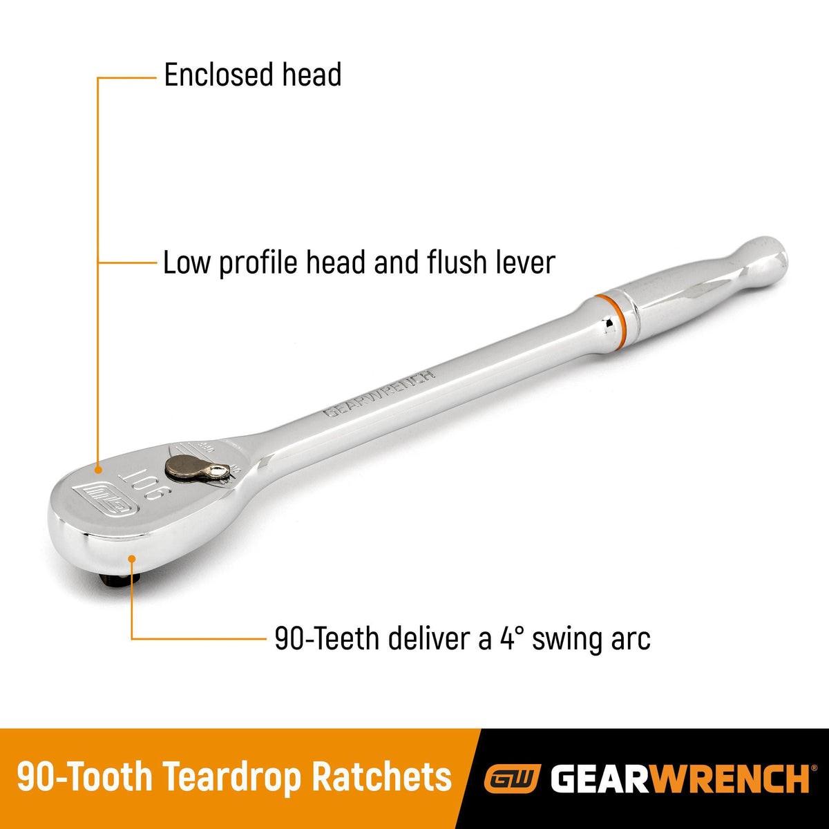 Gearwrench 81360T 1/2" Drive 90-Tooth Long Handle Teardrop Ratchet 15"