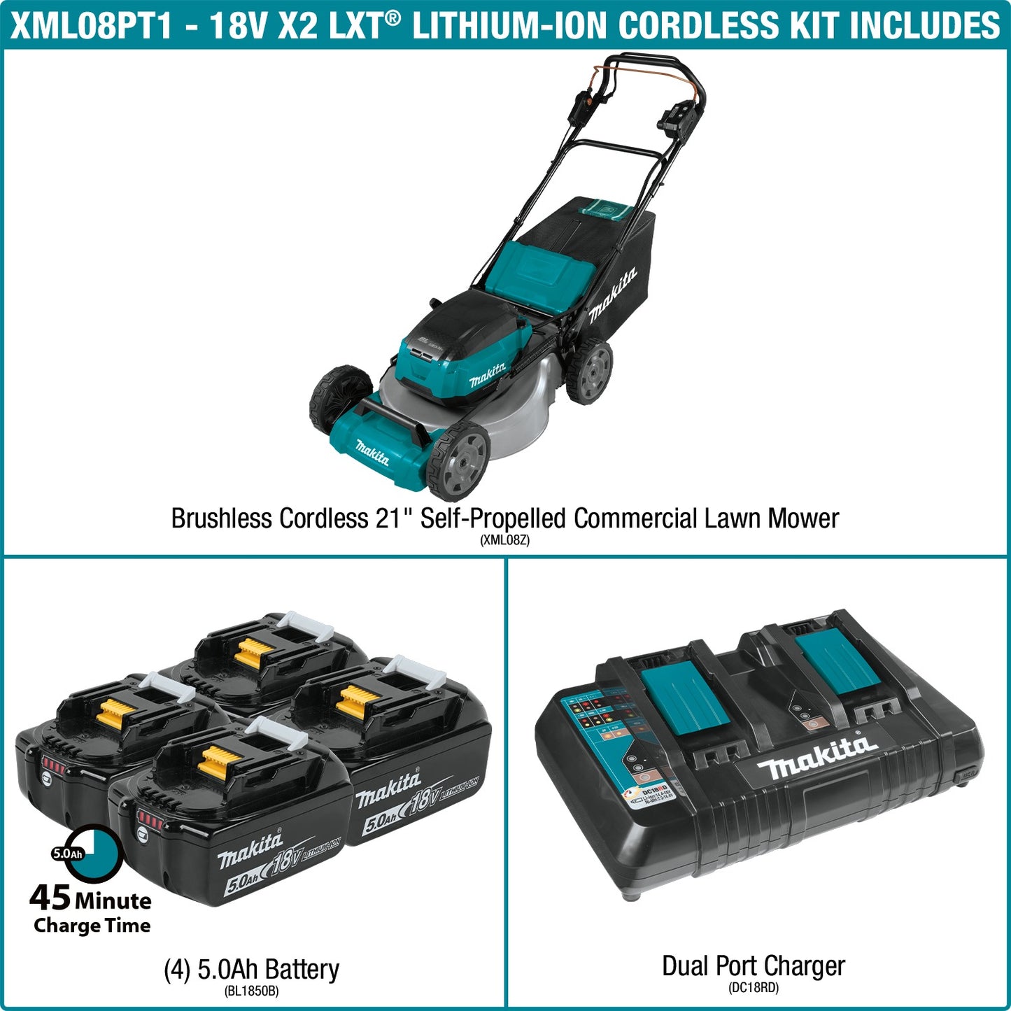 Makita XML08PT1 36V (18V X2) LXT® Brushless 21" Self‑Propelled Commercial Lawn Mower Kit with 4 Batteries (5.0Ah)