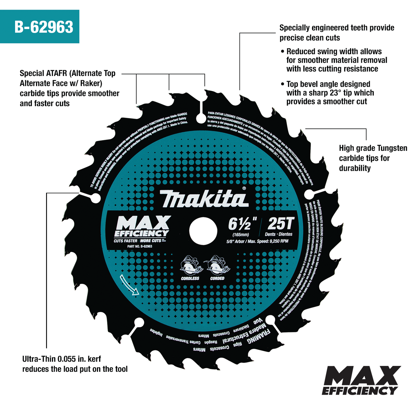 Makita B-62963 6‑1/2" 25T Carbide‑Tipped Max Efficiency Circular Saw Blade, Framing