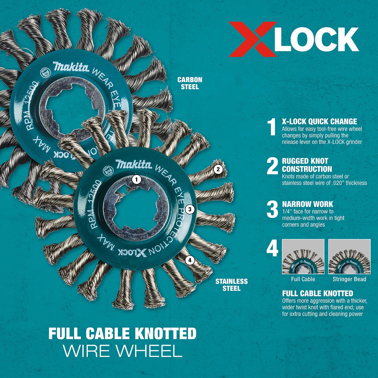 Makita D-72590 X‑LOCK 4‑1/2" Stainless Steel Full Cable Knotted Twist Wire Wheel