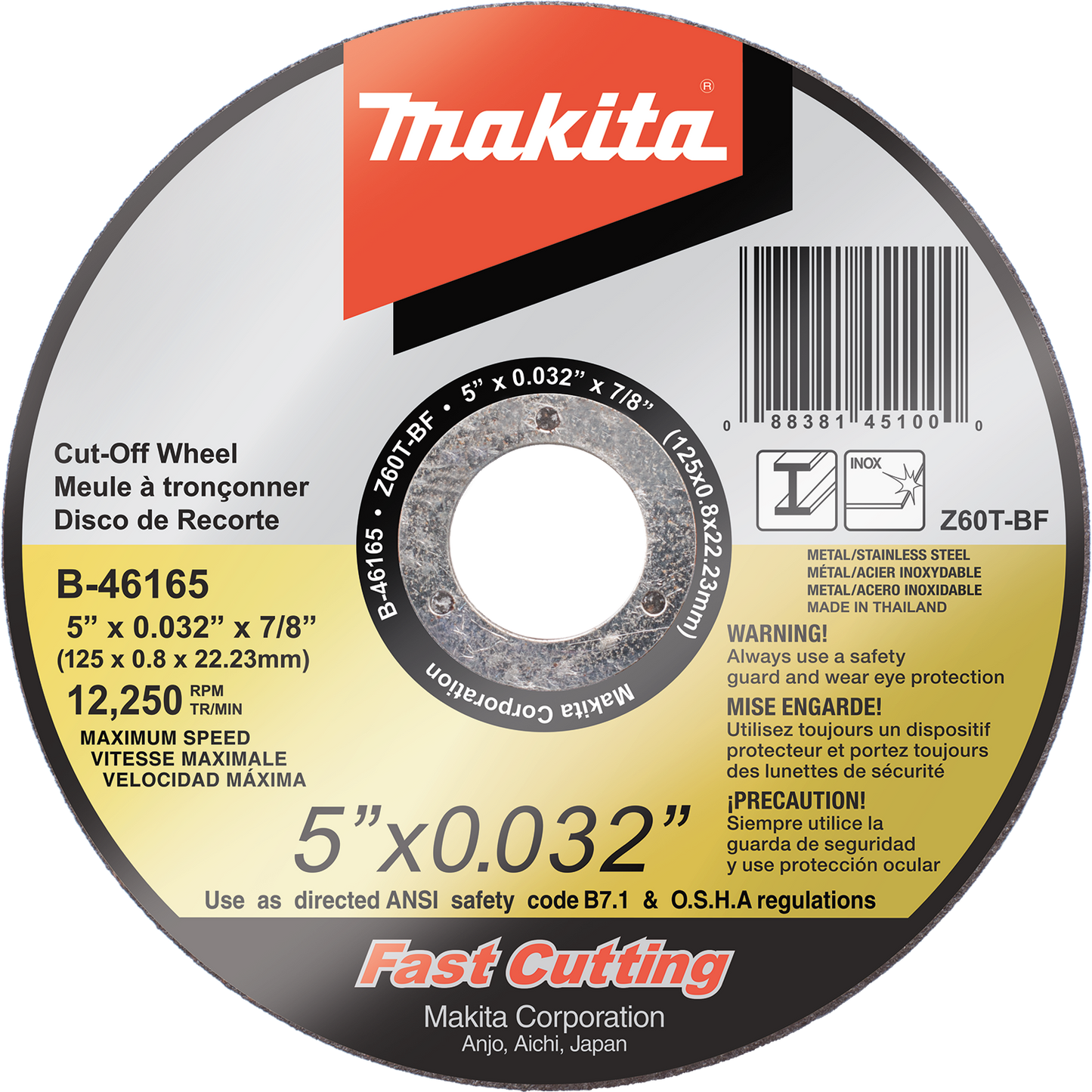 Makita B-46165 5" x .032" x 7/8" Ultra Thin Cut‑Off Wheel, Stainless