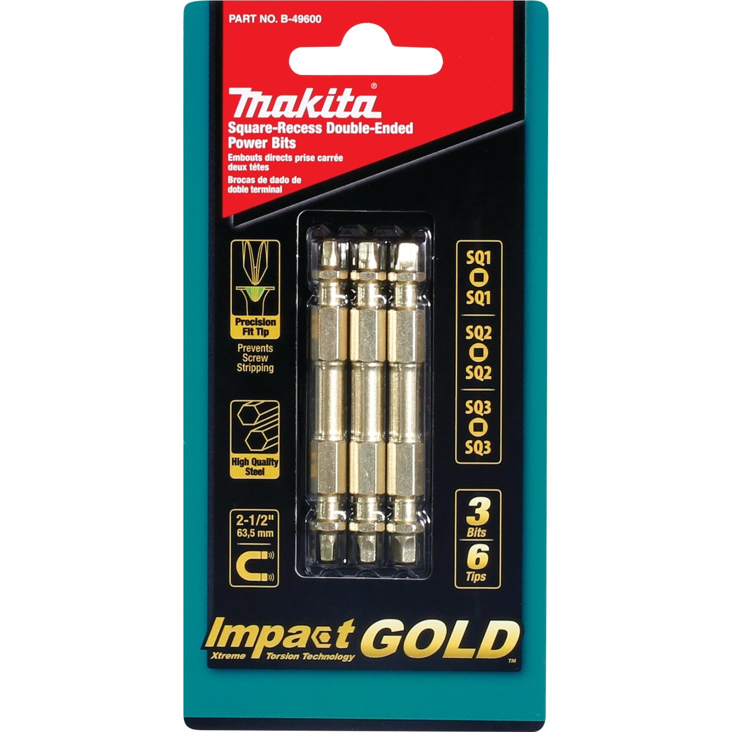 Makita B-49600 Impact GOLD® 3 Pc. Assorted (2‑1/2") Square Double‑Ended Power Bits