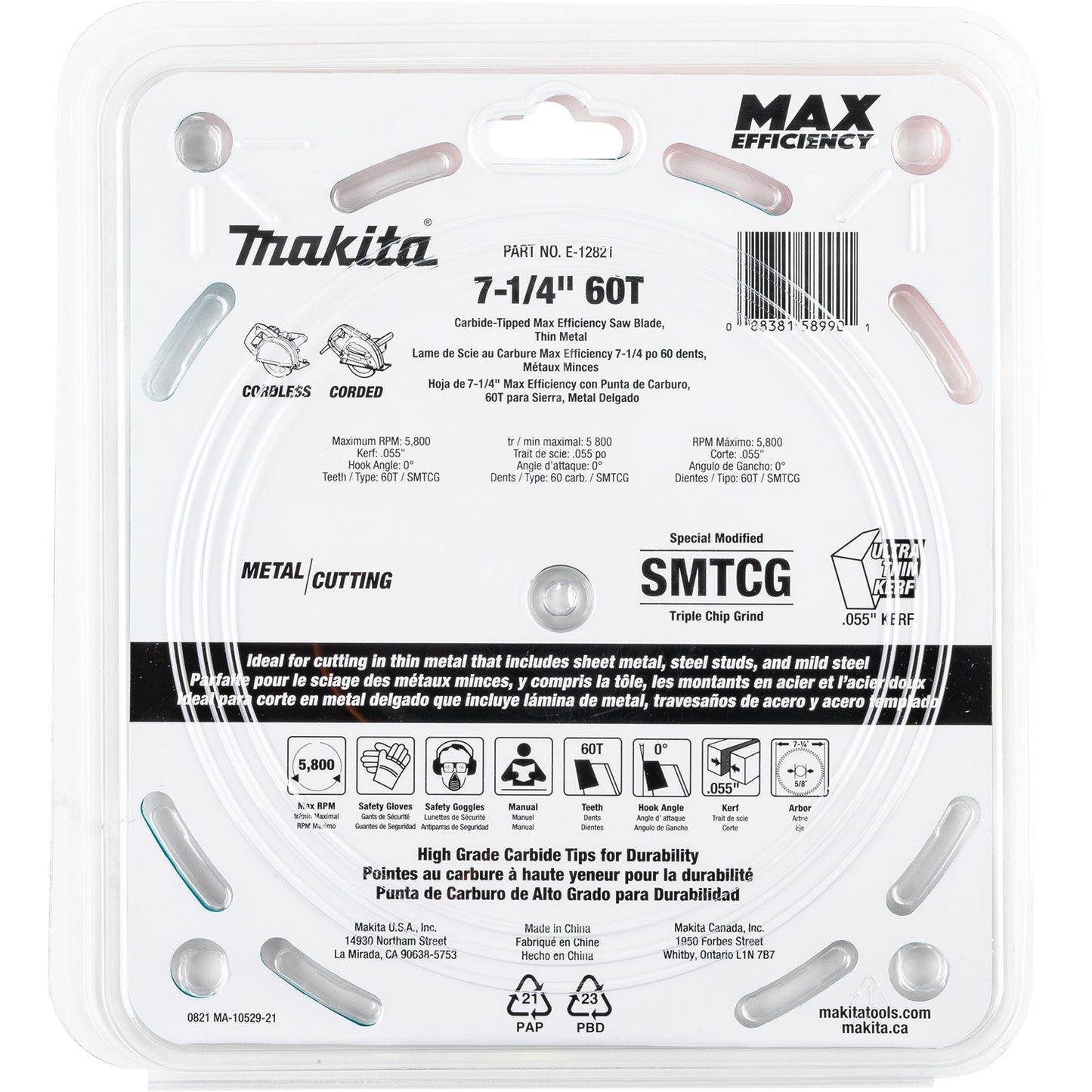 Makita E-12821 7‑1/4" 60T Carbide‑Tipped Max Efficiency Saw Blade, Metal/Stainless Steel